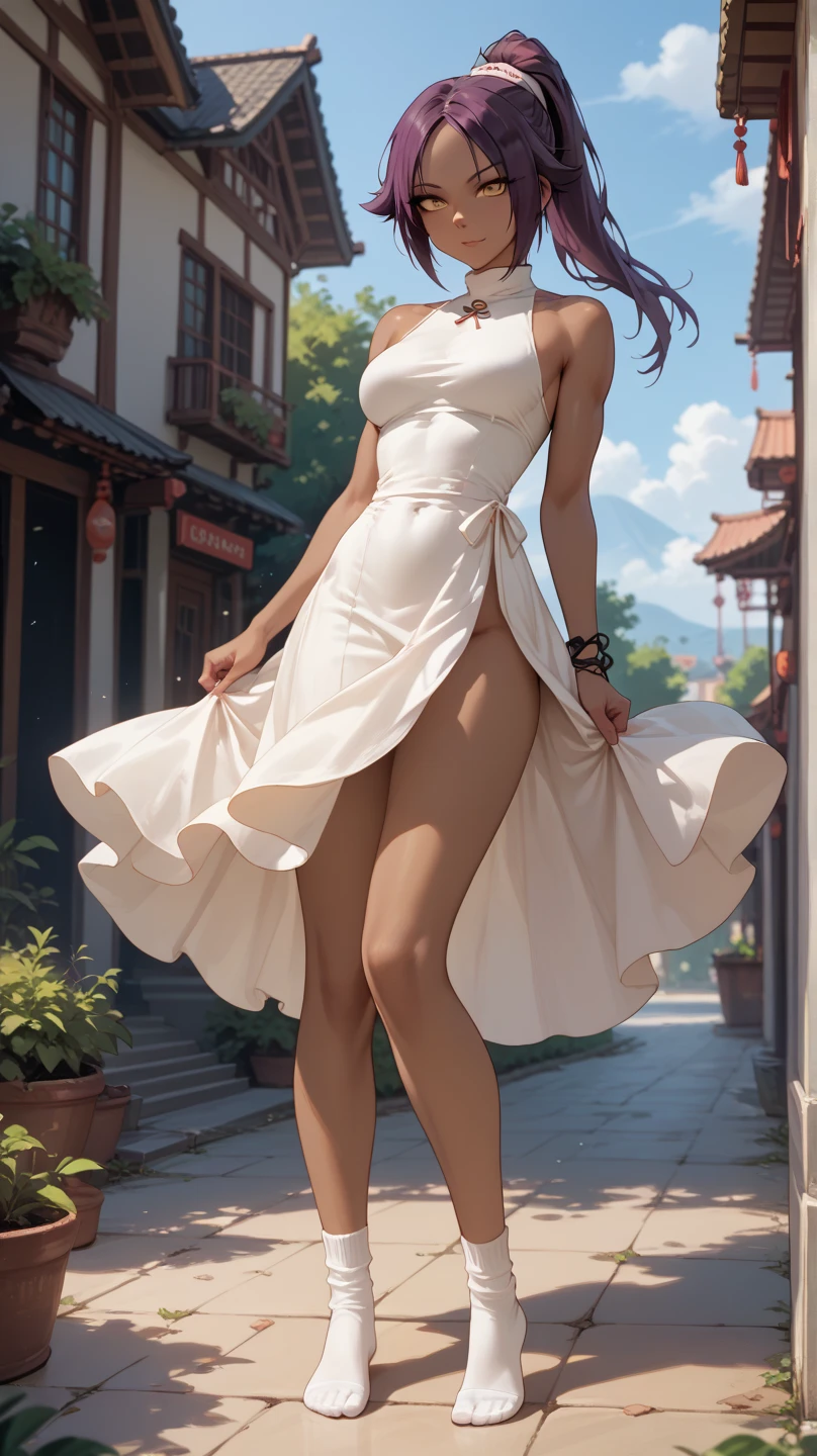 female, slender, long black hair, deep brown eyes, white skin, loosely fitting sleeveless dress, daring cleavage cut, ample bosom, legs, graceful form, white dress, airy, short, summer, casual, outdoors, daylight, sunny, natural lighting, realistic, highly detailed, sharp focus, by Alphonse Mucha and Stanley Artgerm Lau