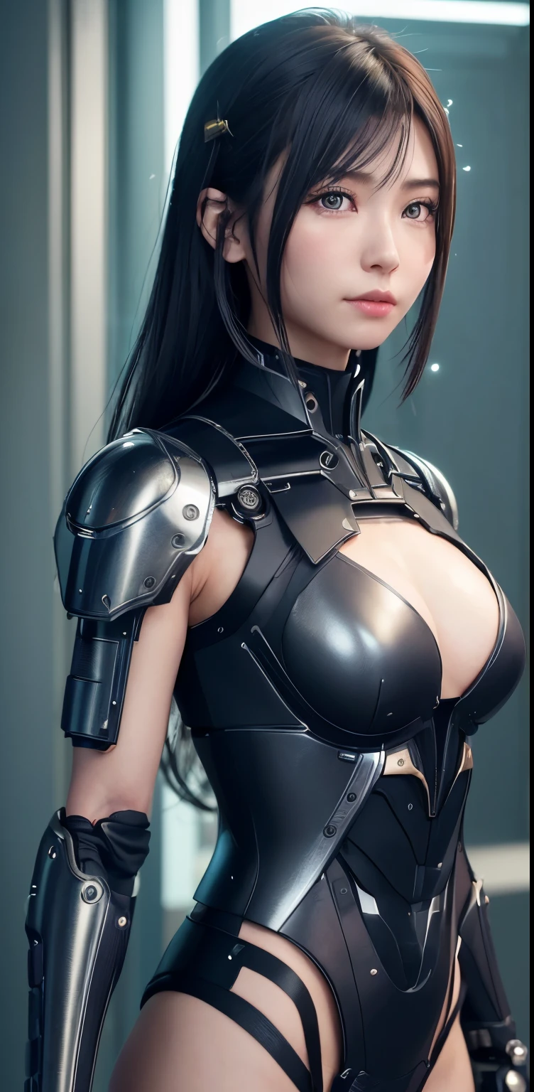 (8k, masterpiece, 最high quality), Very detailed, Beautiful, small round eyes, Beautifully detailed face, high quality, High resolution, Mecha girl wearing sexy outfit, Huge breasts, (See-through dress:1.2), Mecha, Remains, perfection , perfection face, Midnight, short hair