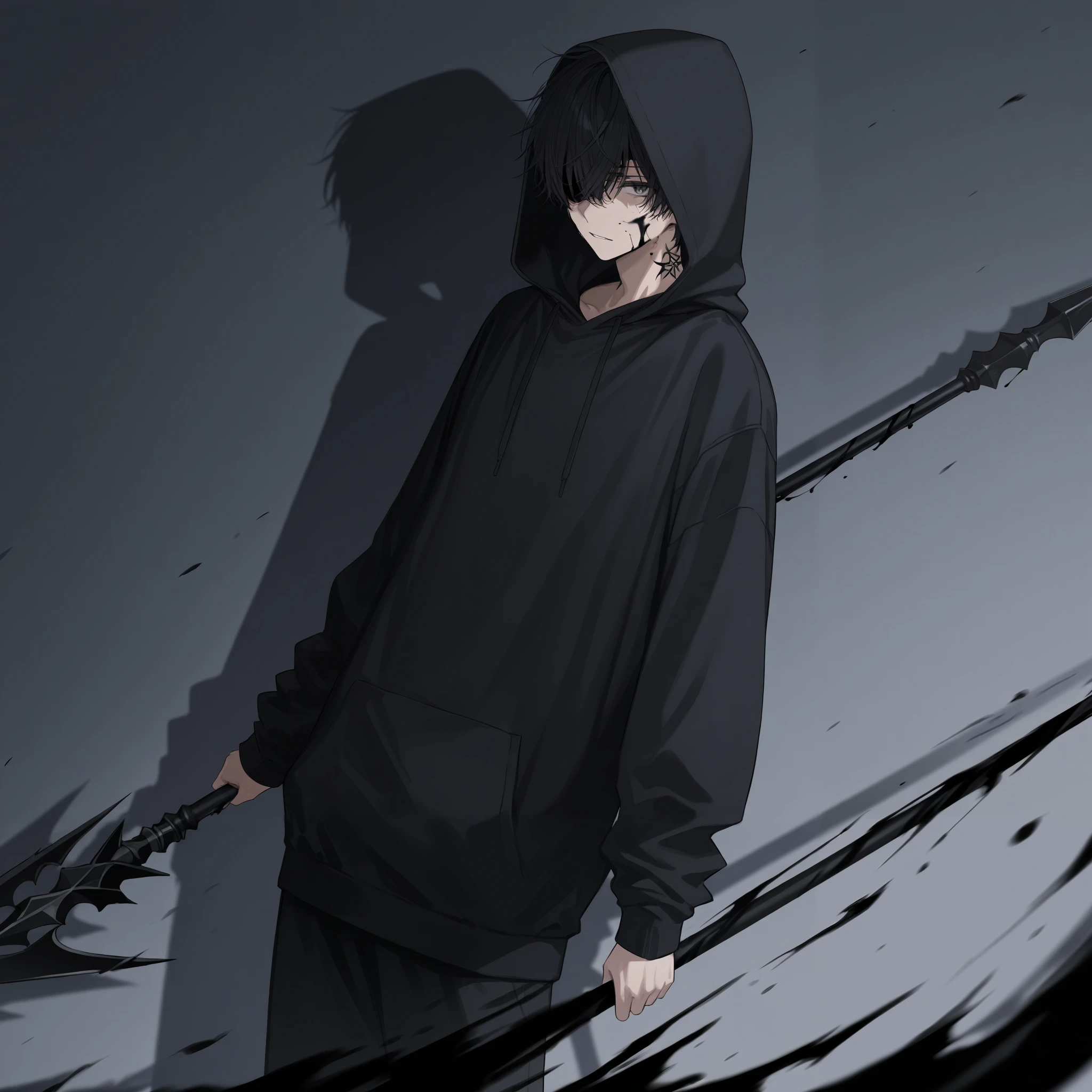 A man with half of his face covered in black ink,black hoodie,Shadow spear weapon