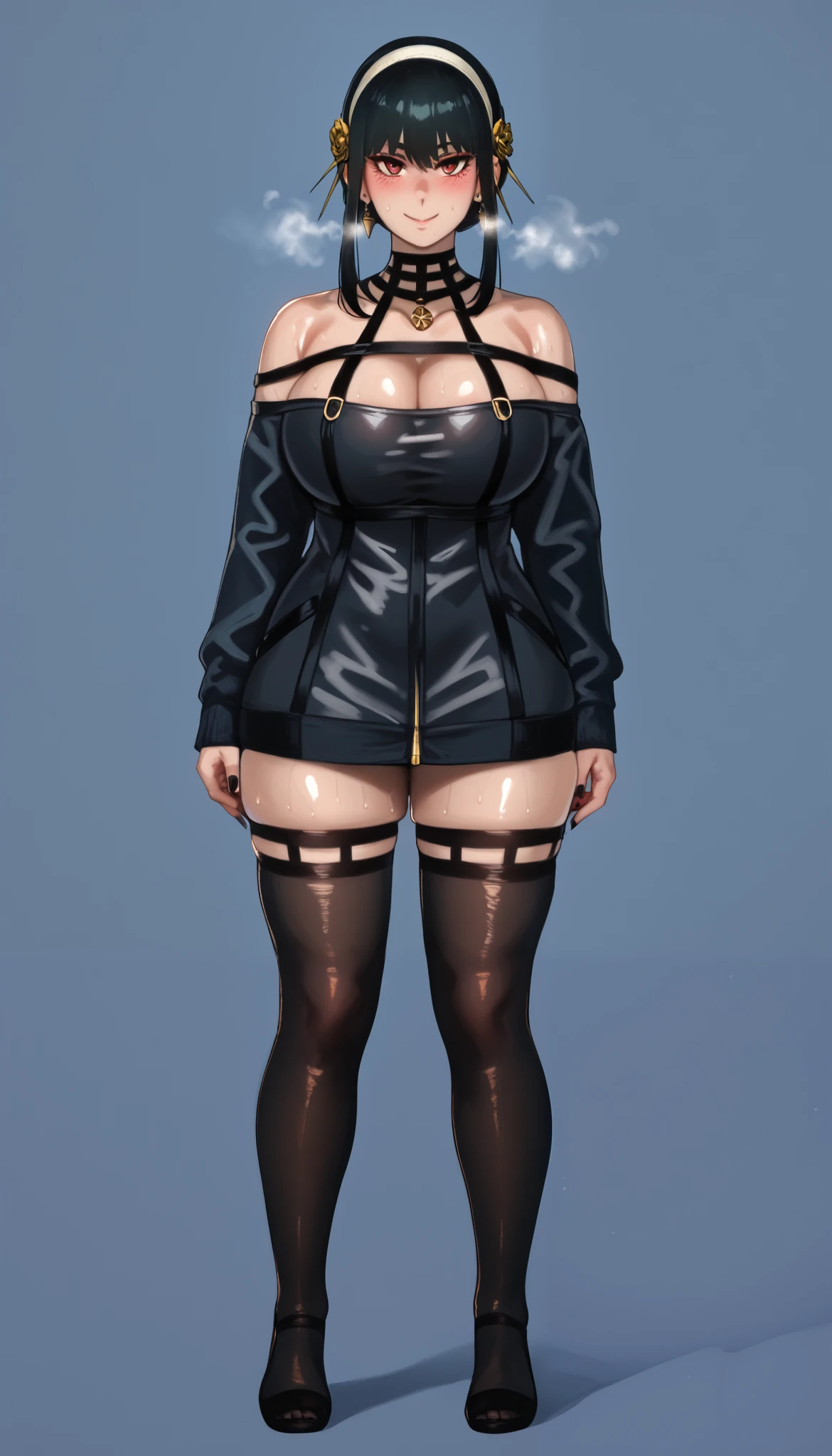 neisan style, score_9, score_8_up, score_7_up, score_6_up, uncensored, yor briar, black hair, white hairband, red eyes, sidelocks, 3d, cgi, (voluptuous:1.3), (thick:1.3), BREAK UHD, retina, masterpiece, accurate, anatomically correct, textured skin, super detail, high details, high quality, award winning, best quality, highres, 4K, black nails, makeup, eyelashes, excessive sweating, sweating, sweating drop, (gasping, heavy breathing:1.3), (skindentation:1.2), perfect eyes, beautiful eyes, eyelashes, makeup, detailed body, perfect body, BREAK, 1girl, solo, jacket, thighhighs, looking_at_viewer, gloves, closed_mouth, hat, breasts, large_breasts, black_gloves, black_thighhighs, standing, feet_out_of_frame, black_headwear, seductive smile, open_clothes, blue_jacket, elbow_gloves, jacket_pull, simple_background, official_alternate_costume, (curvy1.3), hand_on_headwear, open_jacket