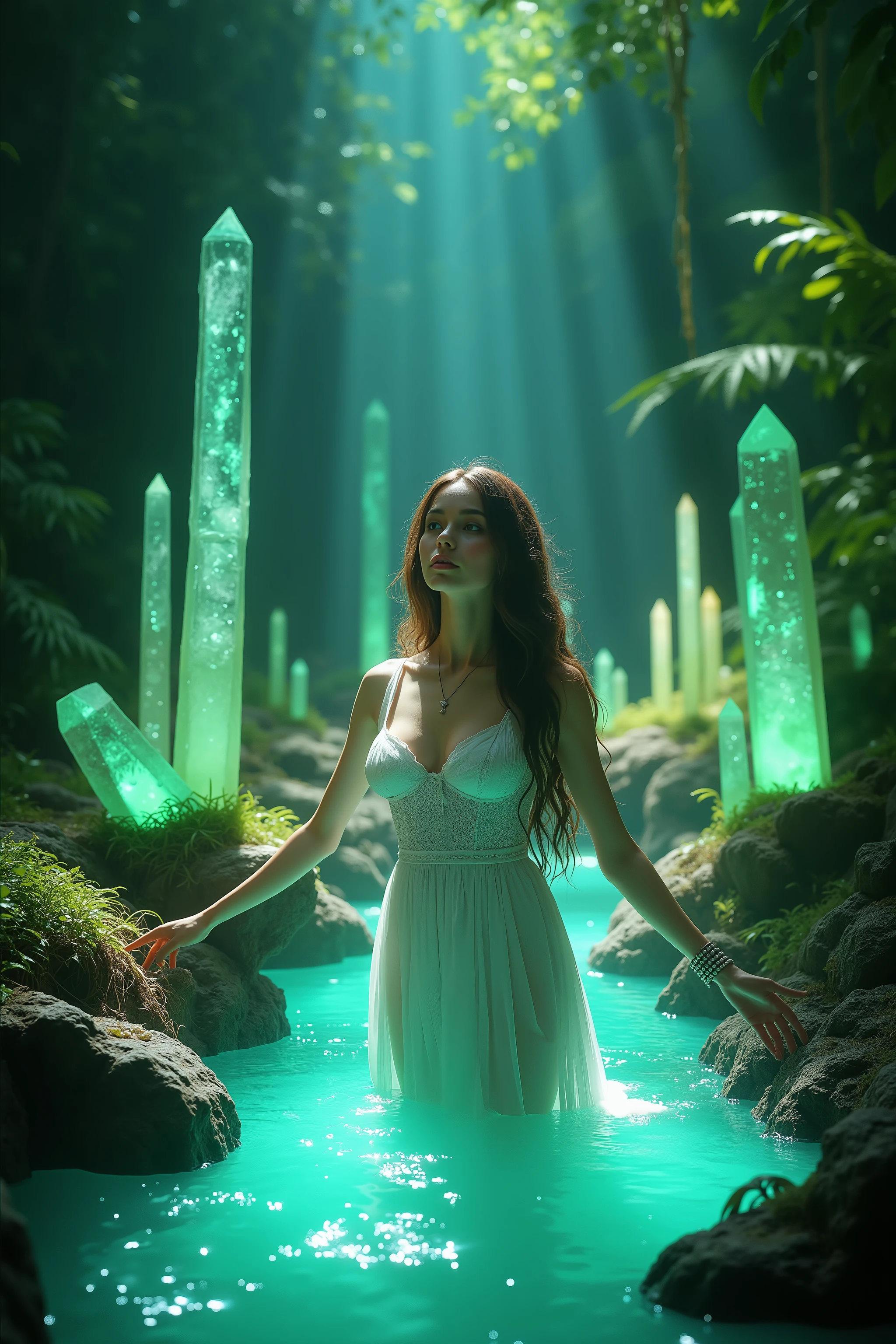 1girl, gorgeous European face, sparkling green light up eyes, long eyelashes, long thin white dress, very large natural breasts, Hundreds of different colored quartz crystals 6 to 9 feet tall, Many hundreds of Extremely Large((taller than the girl))and thick crystal point formations, The crystals are glowing bright from inside of the quartz crystal points protruding from the edges of the stream, woman in lust, rich blue green stream, water with extremely bright electric light blue water glowing at the edges. Lush jungle, Full sunlight, Breathtakingly beautiful,cinematic photography,cinematic portrait, cinematic lighting, portrait photography,photorealistic,hyperrealism,ultra detailed,realism,flouresent brigjtly lit crystals, gorgeous European woman,UHD,full focus,highest/best quality,award winning, spectacular,stunning, incredible,too cool for school, fantastic, Positive Energy, Constant Elevation, Masterpiece