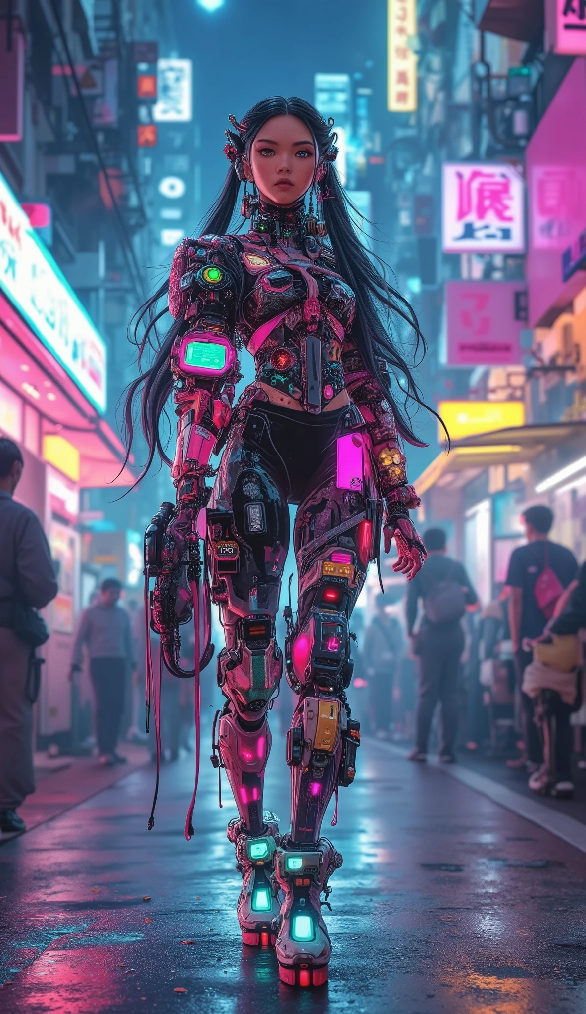 ((アニメ風ofイラスト) of (完璧なアジアofサイバーパンクガール))), (((信じられないほど精巧な原宿of服を着ています))), ((LED Light)), (形ofない長い髪), Perfect Features, ((((whole body) dynamic pose))), (((cyberpunk city sidewalk/pavement))), Abstract Beauty , close to perfect , Pure Form, concept art, intricate detail, 8k Post Production , high resolution, more details, visual artist wearing a gorgeous dress , sharp concentration, Studio Photos .