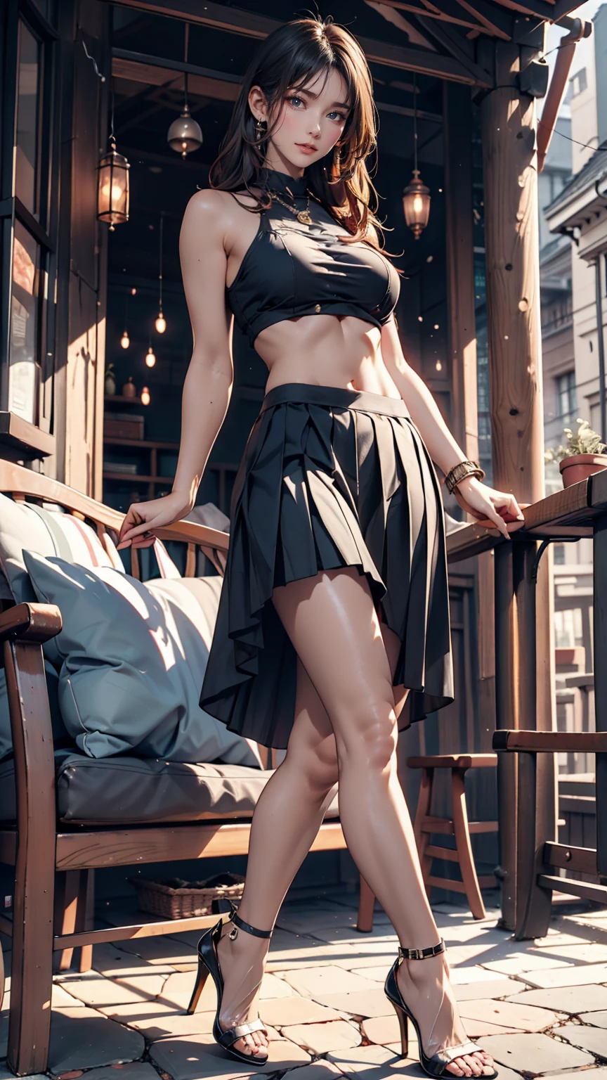 22 year old white female、hair color is blonde、blue eyes、long hair、The ends of the hair are wavy、Her hair is cut into a bob with fringe.、accessories on wrist、wearing a necklace、has earrings、skin is smooth、ruddy、Slender but muscular body、be tall、smile、high resolution、She wears a high-neck/halter-neck top inside her jacket.、I'm wearing a mini-length pleated skirt、I'm punching my chest、wearing black stockings、wearing high heels、Sitting on the stone steps in the city, legs crossed、erotic look、I'm punching my chest