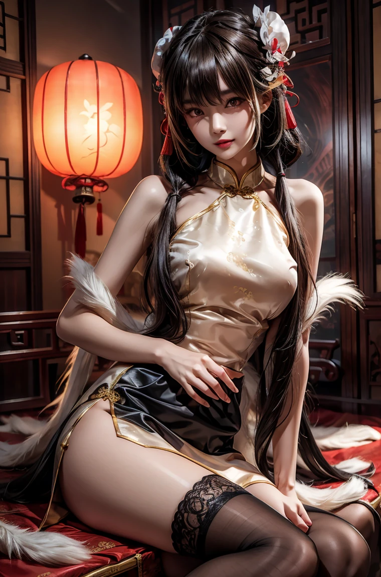 (Unbeatable masterpiece, ultra realistic 8k cg, Perfect artwork, perfect women figure,dramatic shadow,Ray tracing),(1 married woman:1.2),(Chinese style cheongsam:1.4),seen from the side,(On your stomach:1.1),(beautifullegs:1.2),(nice leg line),Pouting ass,(Being touched by a man:1.5),(Her hips were being stroked by the man's crotch:1.5),with fair skin,(huge tit),Cocked buttocks,Desire for sex,Reddened face,(weeping),Confused eyes