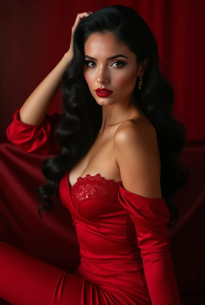 A beautiful Instagram model, long black hair, wearing a sexy red dress , full body view, ((big boobs)), (hourglass figure), (white girl), detailed face, beautiful eyes, luscious lips, cinematic lighting, photorealistic, highres, 8k, (best quality:1.2), (realistic:1.37) , full body view