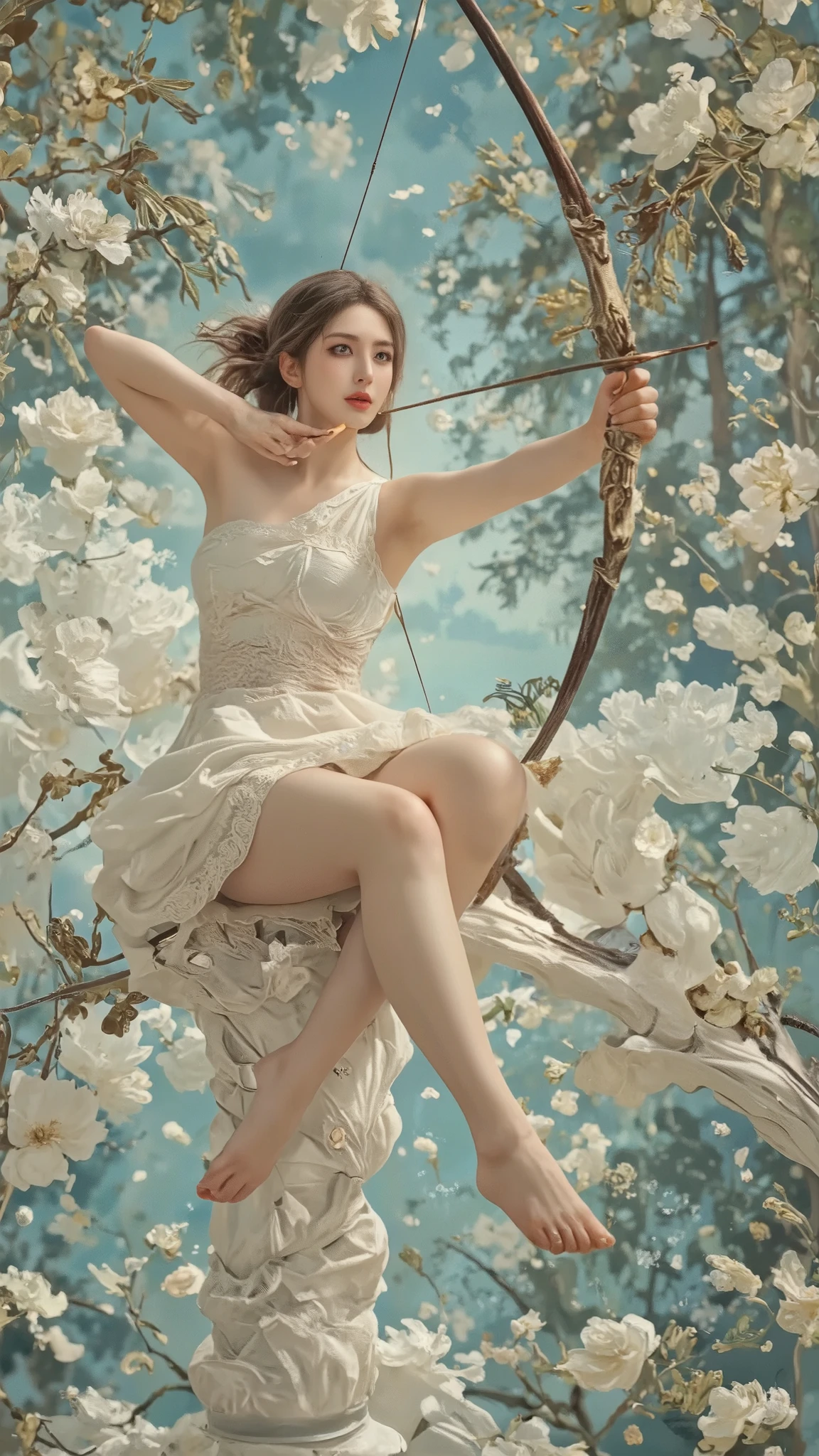 painting of a woman in a white dress holding a bow and arrow, an ultrafine detailed painting by Alexander Kucharsky, Artstation contest winner, fantasy art, artemis, portrait of artemis, artgerm julie bell beeple, also known as artemis or selene, the goddess artemis smirking, greek goddess, peter mohrbacher. unreal engine