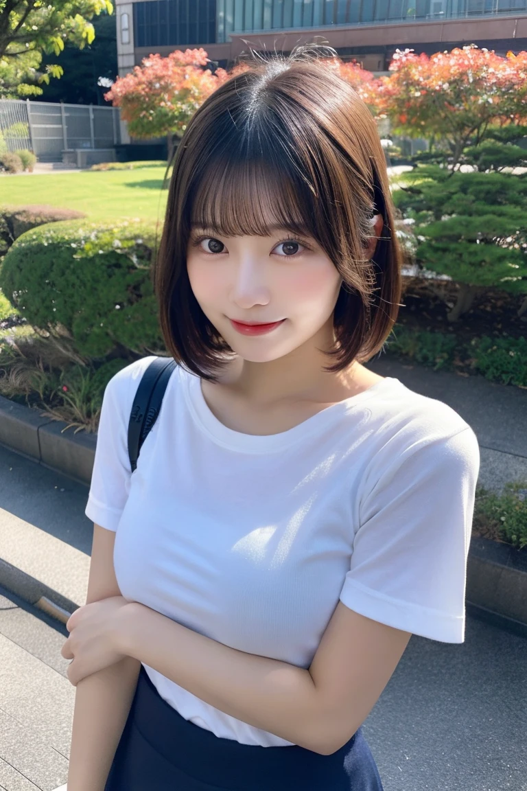 (highest quality,8K quality,masterpiece:1.3,),(超A high resolution:1.3,Photoreal:1.4,Raw photo:1.2),(super detailed:1.2,shiny skin,fine skin:1.1),(detailed face,perfect anatomy,caustics:1.2),on the lawn,sleep on your back,overhead view,,1 girl,cute,Japanese,22 years old,japanese id,Natural brown hair,curl short hair outwards,cute目,natural makeup,oversized t-shirt,laughter,looking at camera,On the face,face focus,professional lighting,natural soft light,