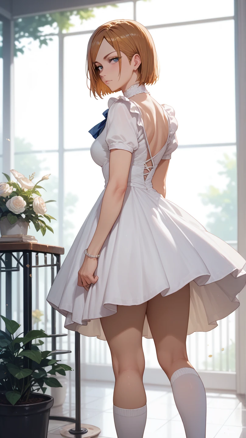 Girl with short green hair, Small breasts, Green Eyes, White Casual Wear Beauty Special、(((Peachy Butt))),Full body photo from head to toe、Leaning forward、A composition that makes the buttocks redundant、Waistline