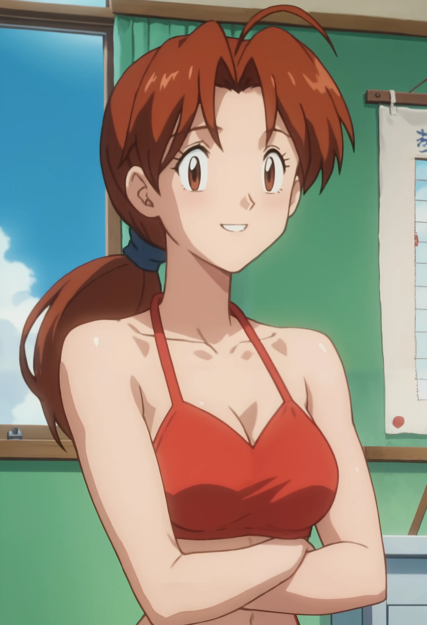 score_9, score_8_up, score_7_up, score_6_up, anime screencap, anime coloring, PMDeliaK, 1girl, solo, brown hair, ponytail, ahoge, long hair, parted bangs, brown eyes, hair tie, (soft biceps:0.8), (arms leaning:1.3), bare shoulders, medium breasts
red bikini,
crossed legs, smile, looking at viewer, standing,
BREAK, indoors, blue sky, sunbeam,