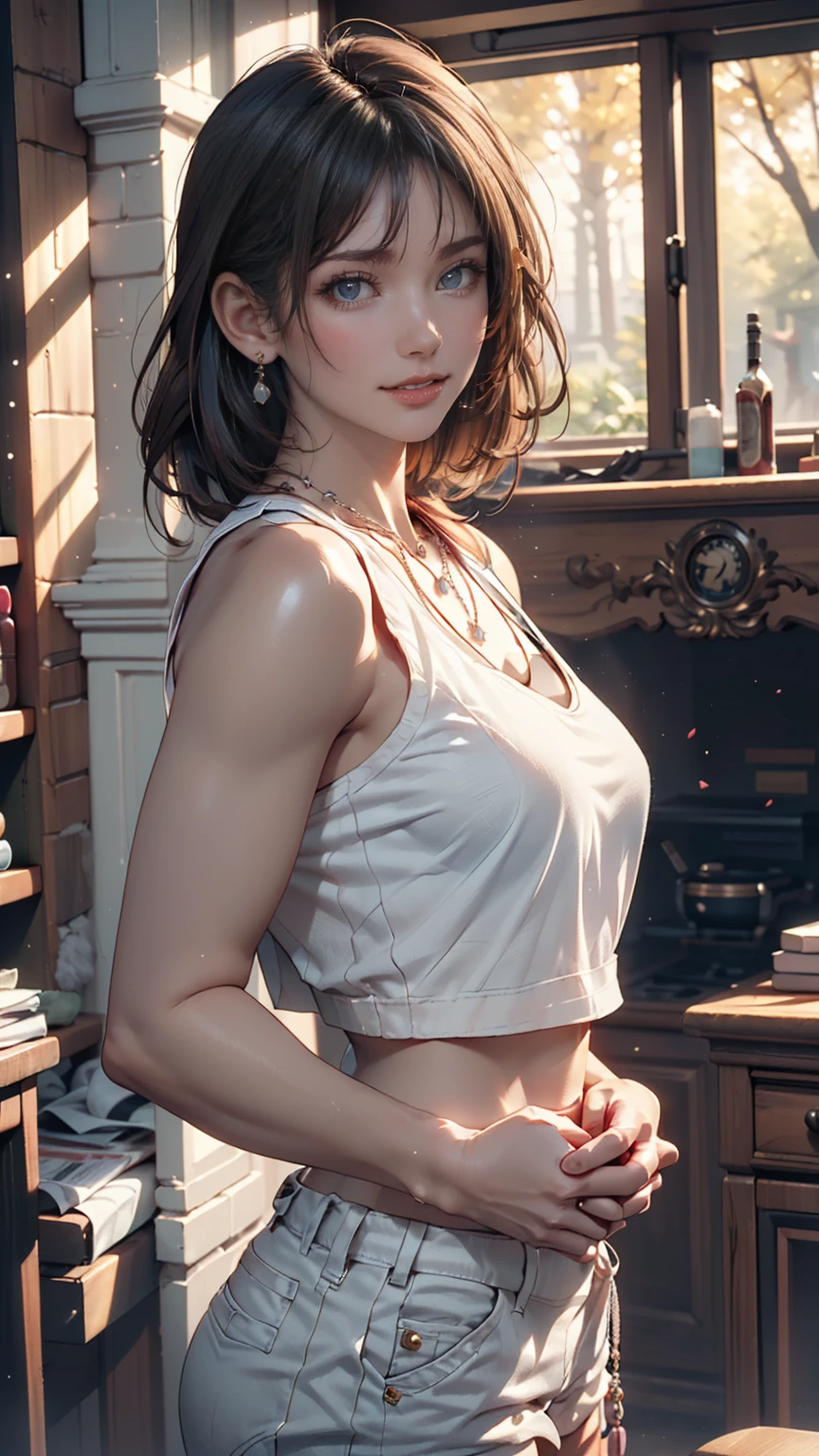 ((Realistic Face, Fascinating, Mature, White eyes)), (Grey crop top, Black underwear, Short clothes), (Long black hair), (20 years), (1 person), (4K Style))