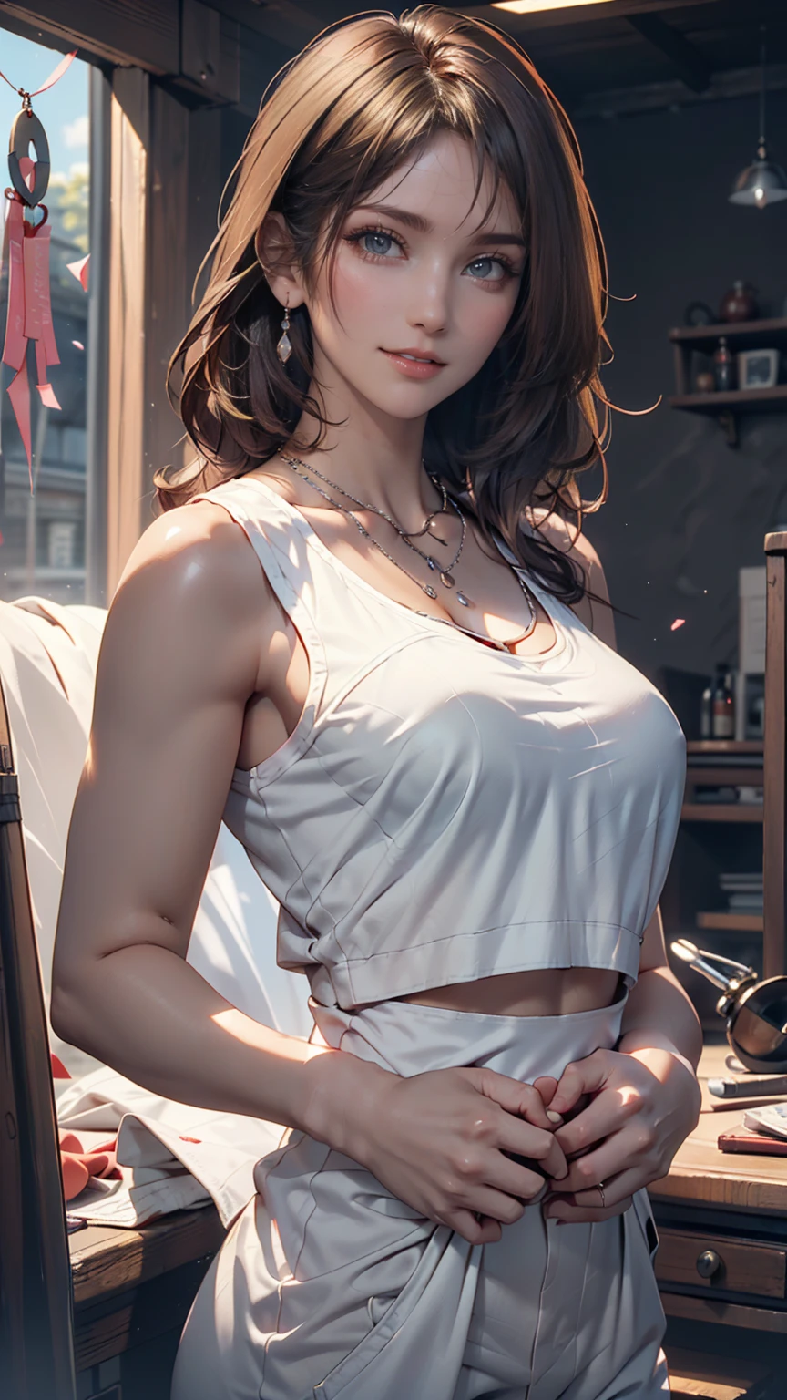 A 23-year-old white woman with unparalleled beauty、blue eyes、The eyes are wide open、Dark Blonde、Hair is wavy、semi-long、The navel is sticking out、My abs are ripped、Slender yet well-proportioned muscular body with big breasts、Photorealistic images、8K quality、My chest is popping out、I want my head to stay off screen、I have a wristband on my wrist、Model-like height and style、Wearing a dark blue zipper-up tank top、wearing black leggings、At the ruins of an ancient fortress、Arms crossed、Putting your back against the wall、smile
