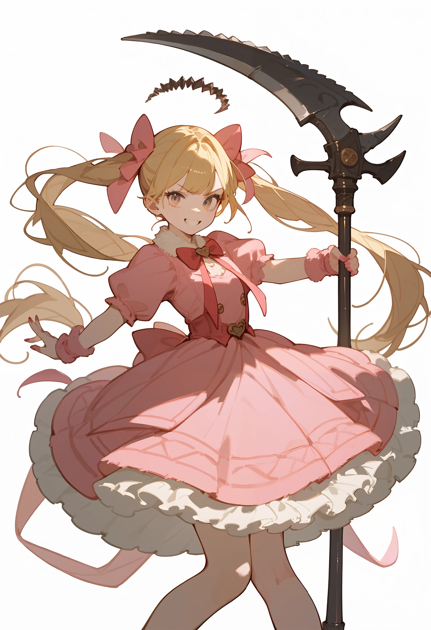 girl, blonde , pink dress, Big skirt, fluffy dress, bows, pink axe, dynamic pose , white background.