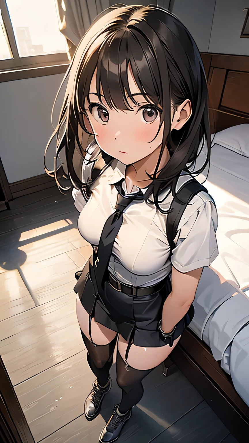 1 female, , high quality, masterpiece, Ultra-high resolution, , Cinema Lighting, , , And the suspenders with the cranes flying　　　Moderate breasts　 　 　　　　Large Breasts　 　 　　　　Small face　 　　　holster　　　　　　　 Lying in bed　Looking up　　　　Sweat 　　　belt　summer　脇Sweat 　Black Hole Gloves　suit　　　　 　garterbelt　Leg Links　ズボンにbelt　　holster　 　　Hands behind your back　 Anxious expression　Looking up　Anxious face　Knee-high　Knee socks　Knee-highソックス garterbelt　garter　ふとももにgarterbelt　Checkered mini skirt　Necktie Headband　ribbon