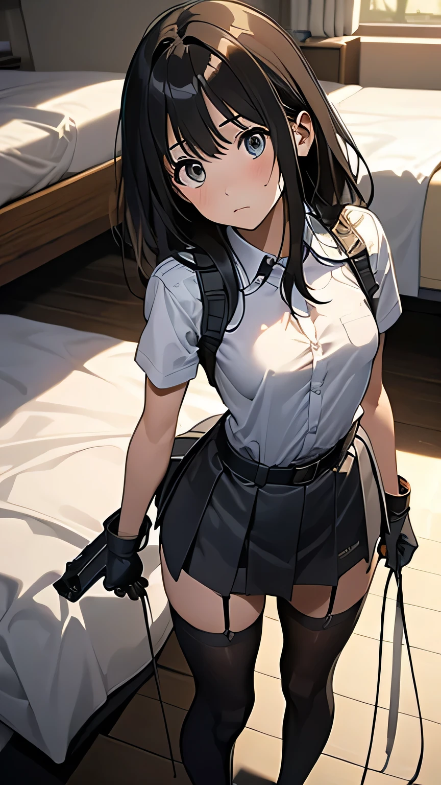 High Quality , Masterpiece, Ultra high resolution, ( realism: 1.4), oil painting style , movie lights, , I stood on an empty asphalt road watched it.., 、 Flying Crane Hanging Leather big breasted Small face lying on the bed looks up at the sweat belt buzzer 脇sweat black hole gloves suit miniskirt garterbelt Footlink ズボンのbelt place hs on back restless expression looks up at the restless expression Knee-length Knee-High Socks Knee-length socks garter belt garter Garterbelt on thighs, place hs on back limit hcuffs Cable ties Cable ties on thumbs big