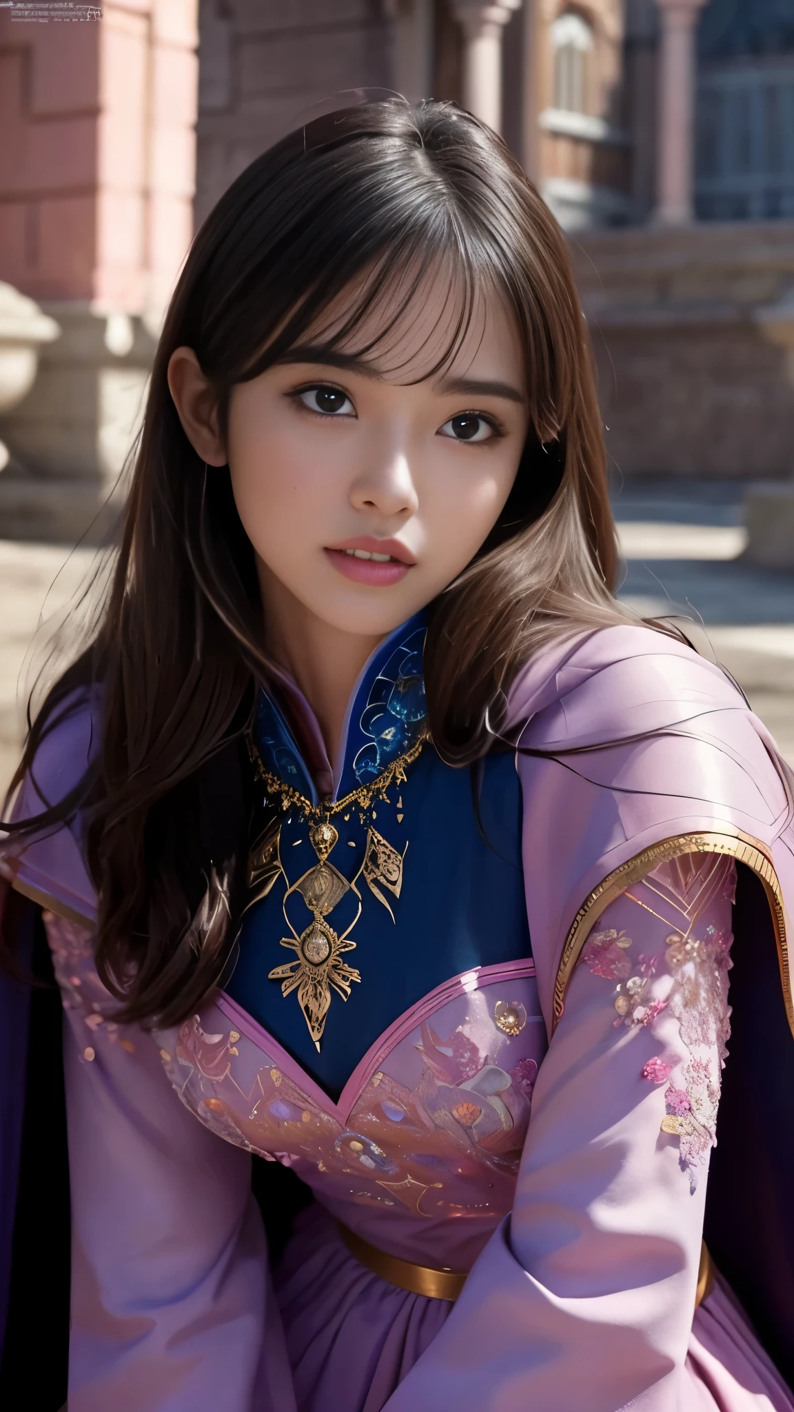 pink aladdin, masterpiece, best quality , ultra quality , absurd details , Extremely Detailed , high resolution,16k, 超 high resolution, particle effect , Beautiful Effects, bright color, Neon Lights,、超A high resolution 、 octane rendering、( super realistic details )、 portrait 、 Ultra Realistic Textured Face and Skin、( Perfect Anatomy)、 CGSoation Trends 、 Dark Fantasy 、Knee、 Intricate Detailed Backgrounds、( photorealistic :1.4)、 beautiful symmetrical face 、 very delicate and detailed、Upper teeth、Lips that are too thick:1.8、Cape、flat chest:1.8、Too thin waist:1.3、Mesh fabric、with bore、