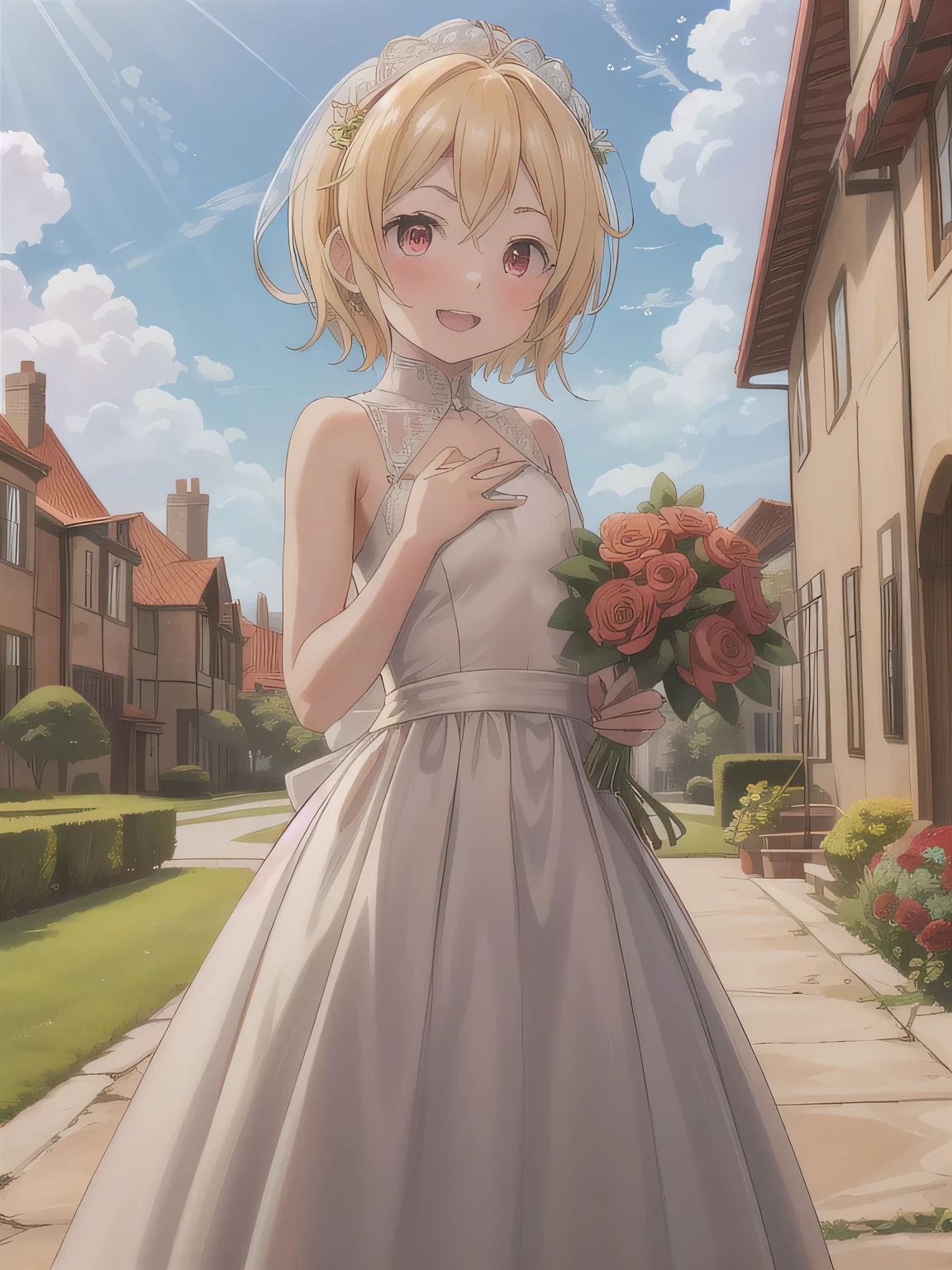 A stunningly beautiful 20-year-old woman standing in the courtyard of a luxurious mansion under a clear blue sky. She is wearing a white and blue wedding dress and holds a red bouquet with both hands in front of her chest. She looks very happy, with a radiant and joyful expression. Blonde, Red Eyes , short hair,stupid hair, bangs, flat chest.