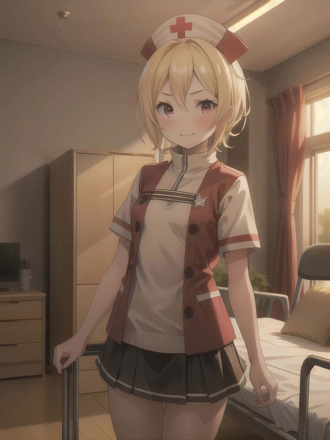 Depict a 20-year-old, very beautiful woman in a hospital room. She is wearing a nurse cap and a mini-skirt style white uniform. Her expression is shy, and she is smiling gently. The setting includes medical equipment and furnishings typical of a hospital room, with soft lighting to create a warm and welcoming atmosphere. Blonde, Red Eyes , short hair,stupid hair, bangs, flat chest.