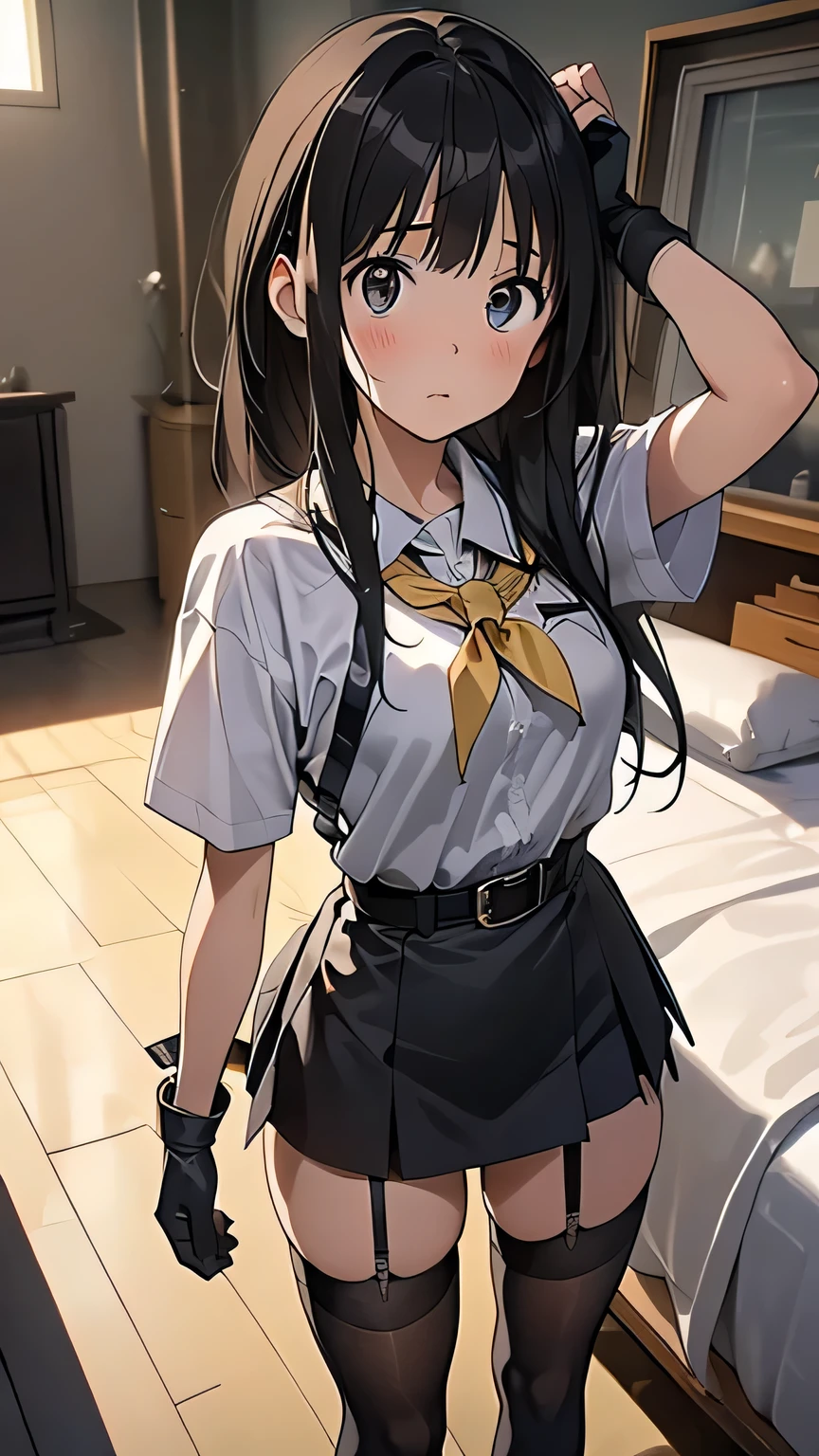 High Quality , Masterpiece, Ultra high resolution, ( realism: 1.4), oil painting style , movie lights, , I stood on an empty asphalt road watched it.., 、 Flying Crane Hanging Leather big breasted Small face lying on the bed looks up at the sweat belt buzzer 脇sweat black hole gloves suit miniskirt garterbelt Footlink ズボンのbelt place hs on back restless expression looks up at the restless expression Knee-length Knee-High Socks Knee-length socks garter belt garter Garterbelt on thighs, place hs on back limit hcuffs Cable ties Cable ties on thumbs big