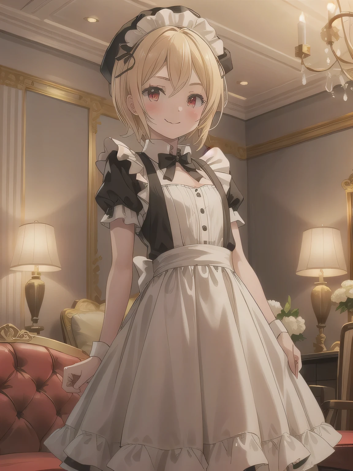 Depict a 20-year-old, very beautiful woman in a luxurious mansion room. She is dressed in a classic black-and-white maid outfit with a short hem and wearing a white brim cap. Her expression is confident, and she is smiling warmly. The setting includes elegant furnishings and decor typical of a grand estate, with soft, natural lighting to enhance the sophisticated atmosphere. Blonde, Red Eyes , short hair,stupid hair, bangs, flat chest.