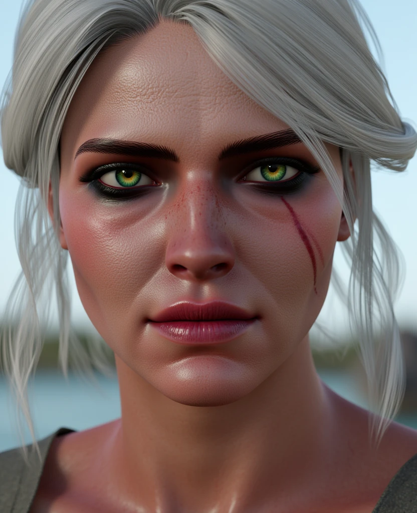A close-up photorealistic portrait of Ciri
