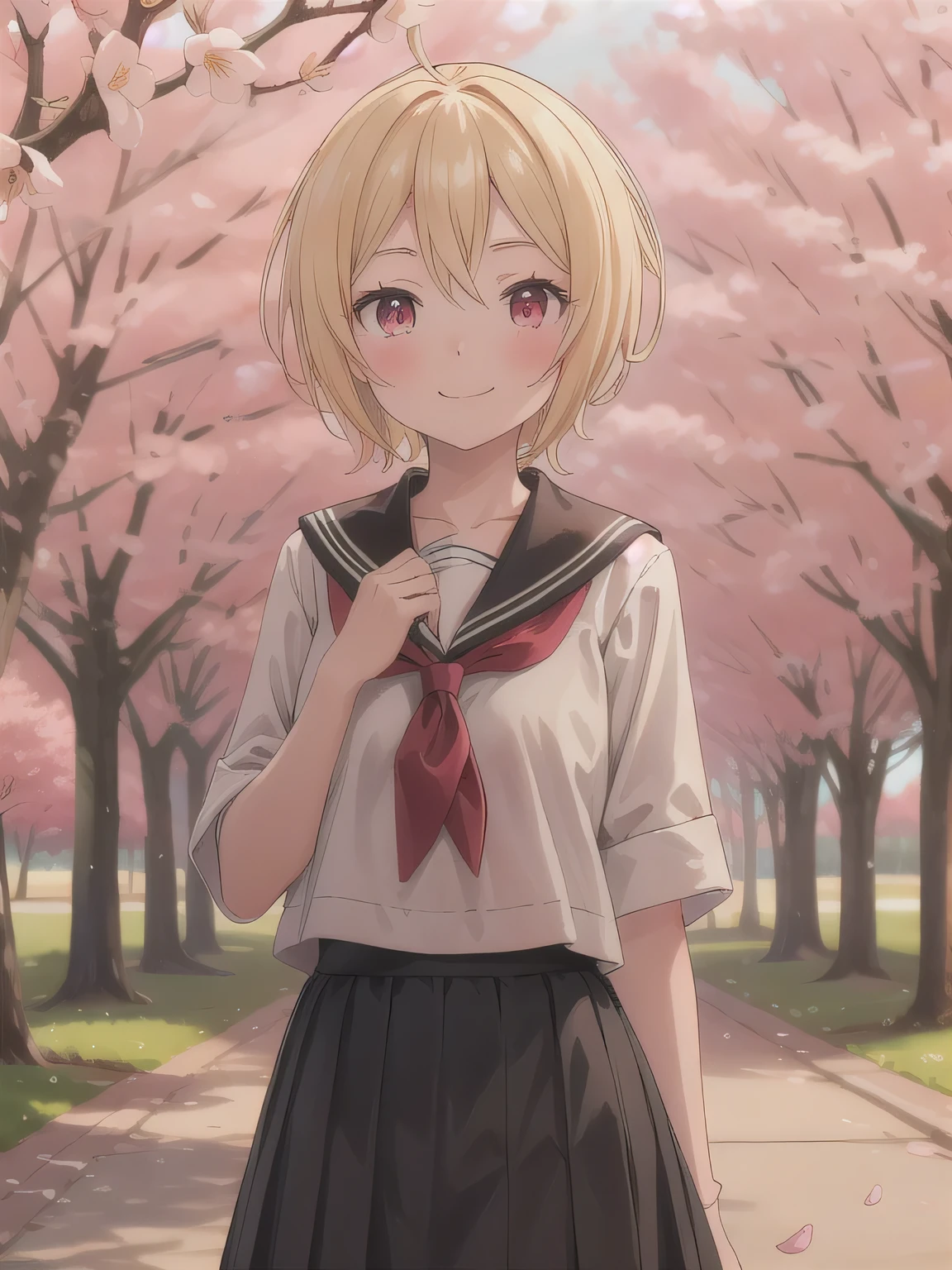 Depict a 20-year-old, very beautiful woman standing under a row of fully bloomed cherry blossom trees. She is dressed in a classic black-and-white sailor-style outfit with a short hem. Her cheeks are slightly flushed, and she is smiling gently, radiating a cheerful and charming aura. The background is filled with vibrant pink blossoms and soft natural light, creating a serene and picturesque scene. Blonde, Red Eyes , short hair,stupid hair, bangs, flat chest.