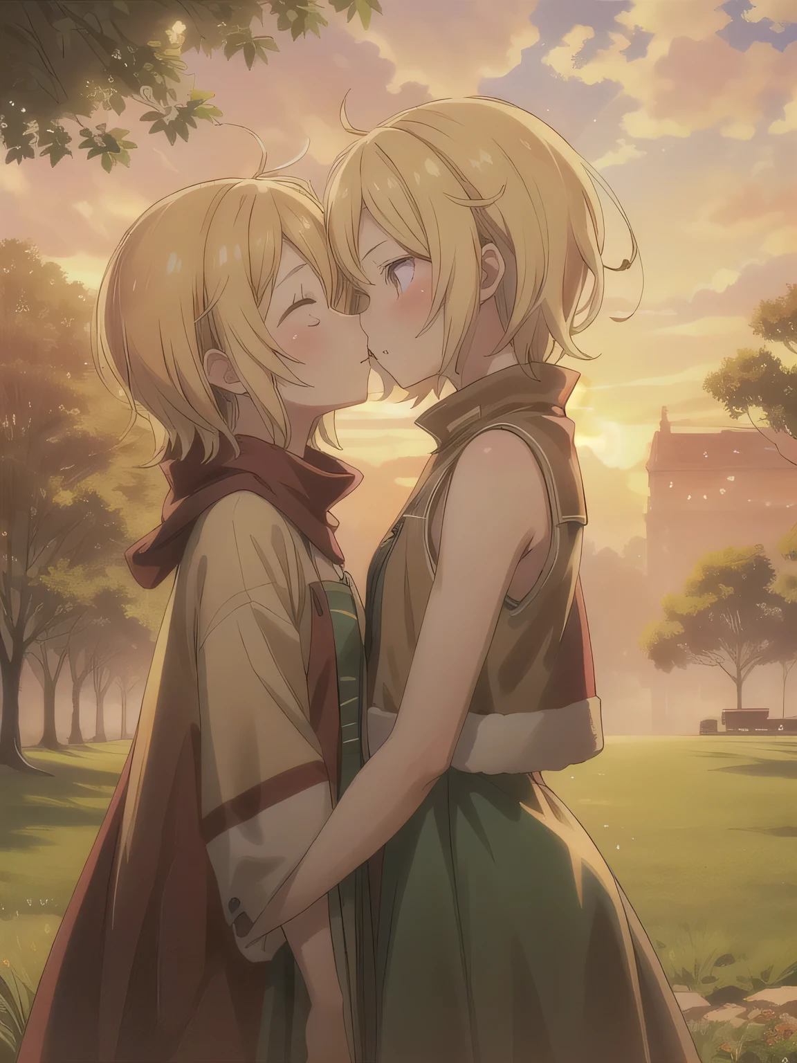 Depict a 20-year-old, very beautiful woman standing in a lush, green park at sunset. The warm light of the evening sun bathes the scene in a golden glow. She is facing forward, her eyes gently closed, her cheeks slightly flushed, and her face tilted slightly upward as if anticipating a kiss. The atmosphere is serene and romantic, with the soft colors of the sunset complementing the tranquil surroundings. 1 woman。Blonde, Red Eyes , short hair,stupid hair, bangs, flat chest.