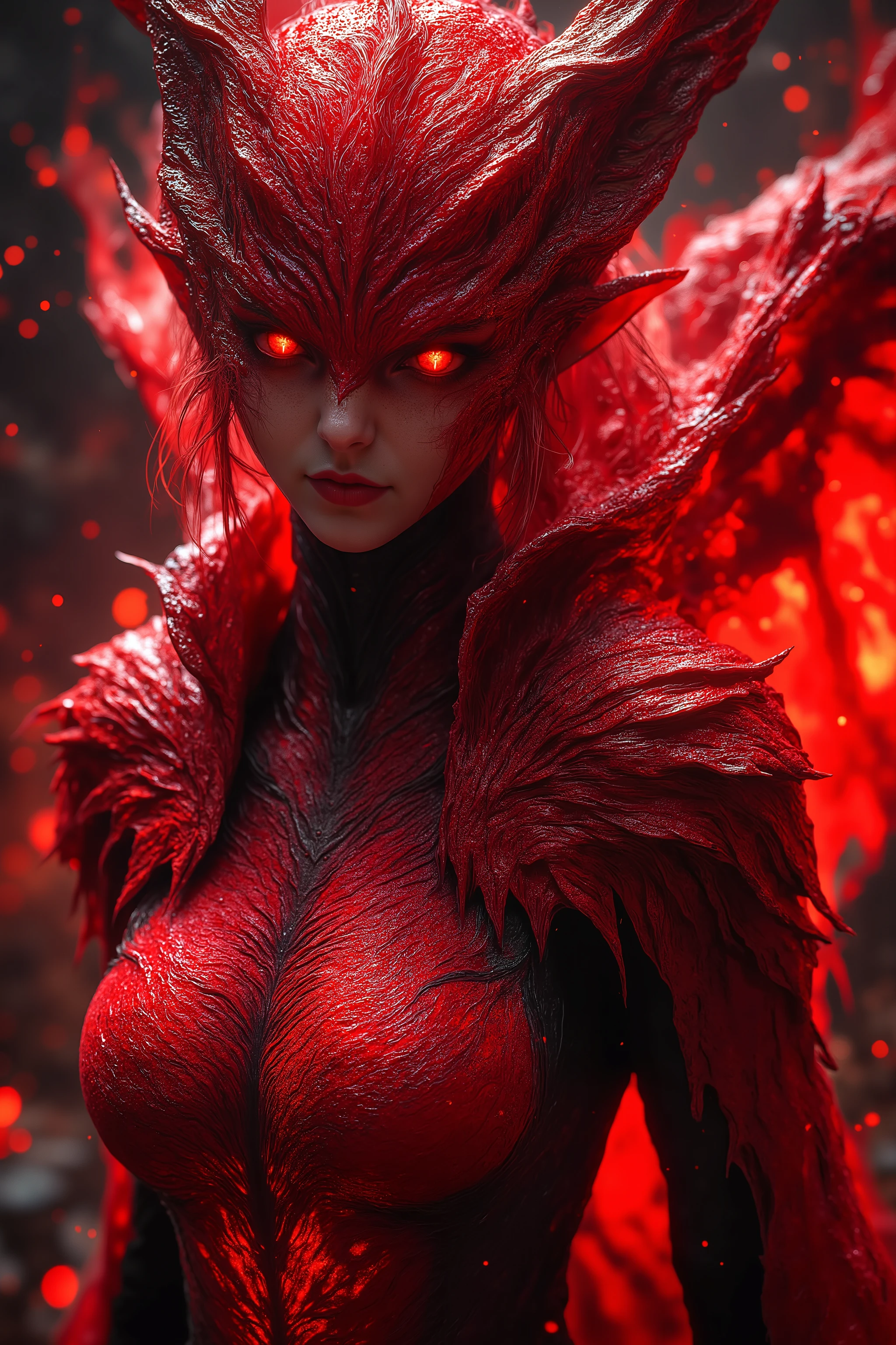 Woman in red dragon armor, dragon scale armor, Heroic woman, red hair, red luminous eyes, best quality, best light, best color, dynamic posture, dynamic point of view.
