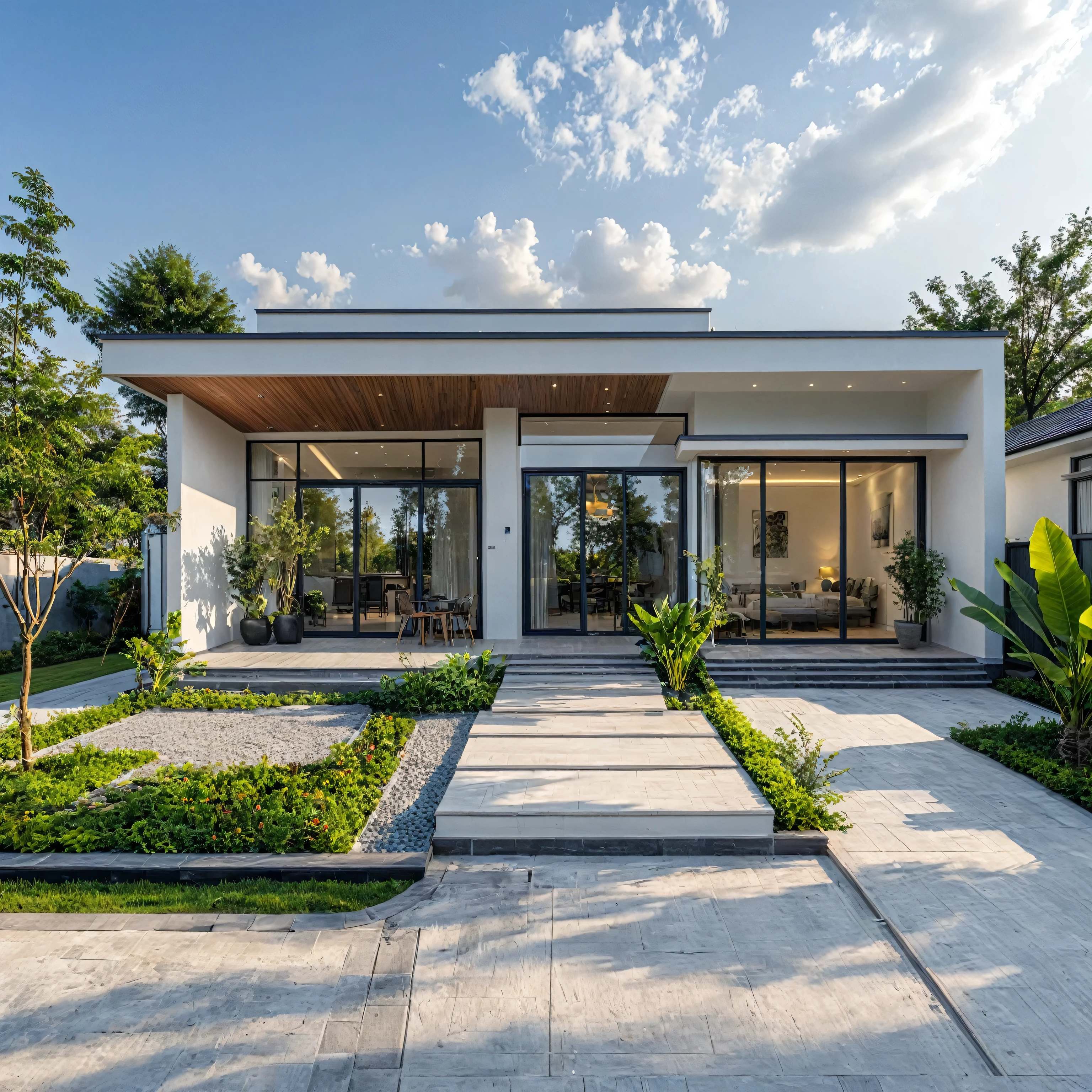 1 morden WHITE house,1large yard, 1 road runs in front of the house, (RAW photo, real, best quality, masterpiece:1.2), look morden minimalist, 1 road in front of the house, the exterior of an elegant single family home features large windows, ((a dark gray door frame)), dynamic lighting:1.3, (hyper realistic, photo-realistic:1.2), high quality, (dark lighting:1.2), perfect lighting, archdaily, no human, light at 12 noon, warm light in door:1.4, blue sky:1.3, shimering lighting:1.2, 