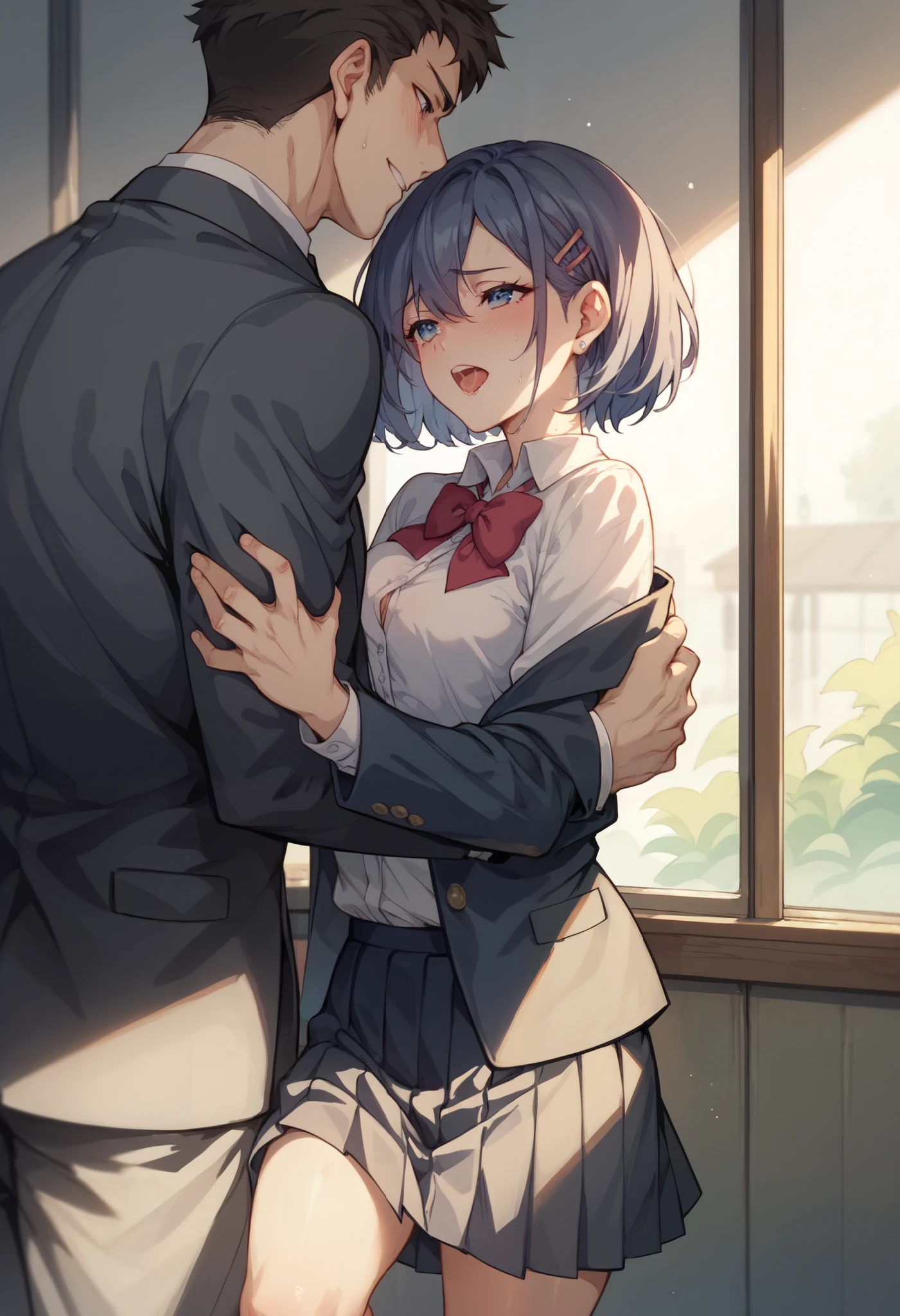 Station ticket gates、A man in a suit groping a schoolgirl's breasts and buttocks、A white shirt that fits her no-bra 、Blue and white striped skirt、Her skirt flips up to reveal her cute white underwear、Bare legs and leather shoean in white suit