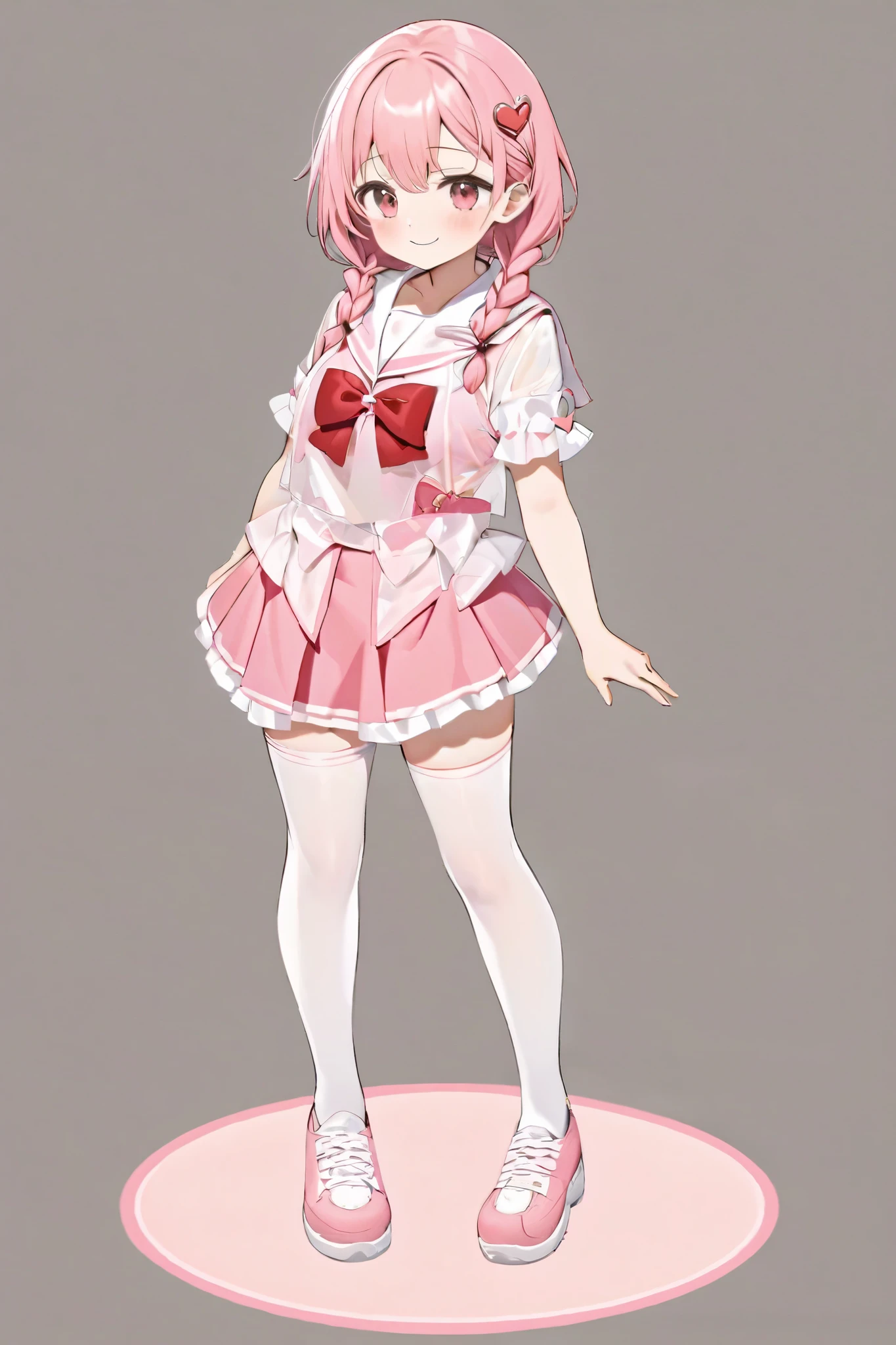 Short pink hair braids on one side red heart shaped pin on head 2indivual white wet pink bra see-through sailor top sleeve pink chest I cup Pink Mini Skirt White Line Hem White Ruffle and Red Bow Right white and left pink knee-high smile standing on back soro background white