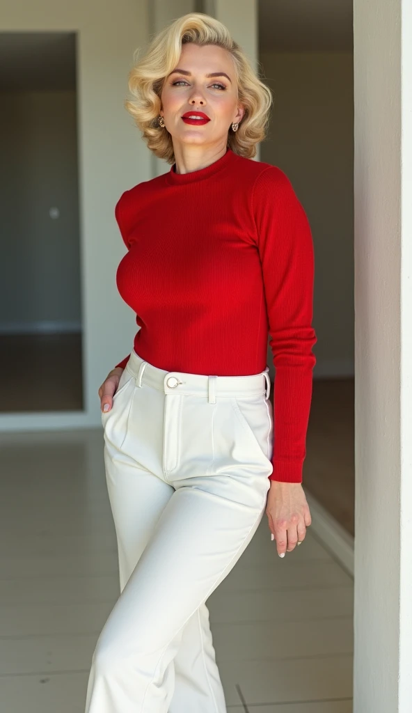wife, bionde, francaise, Neat, elegant, sexly, red knit blouse,