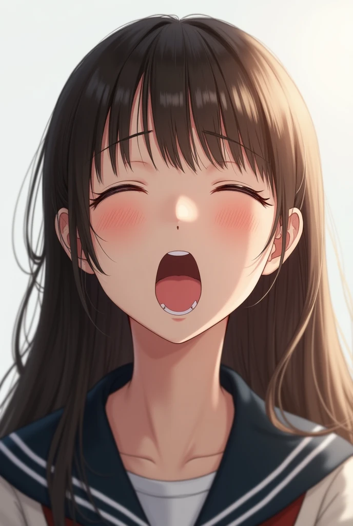 Ultra Fine 。 realistic pictures。Headshot of an asian schoolgirl with brown hair。 she closed her eyes , Be surprised and open your mouth wide , Then she stuck out her tongue 。Pure White Room