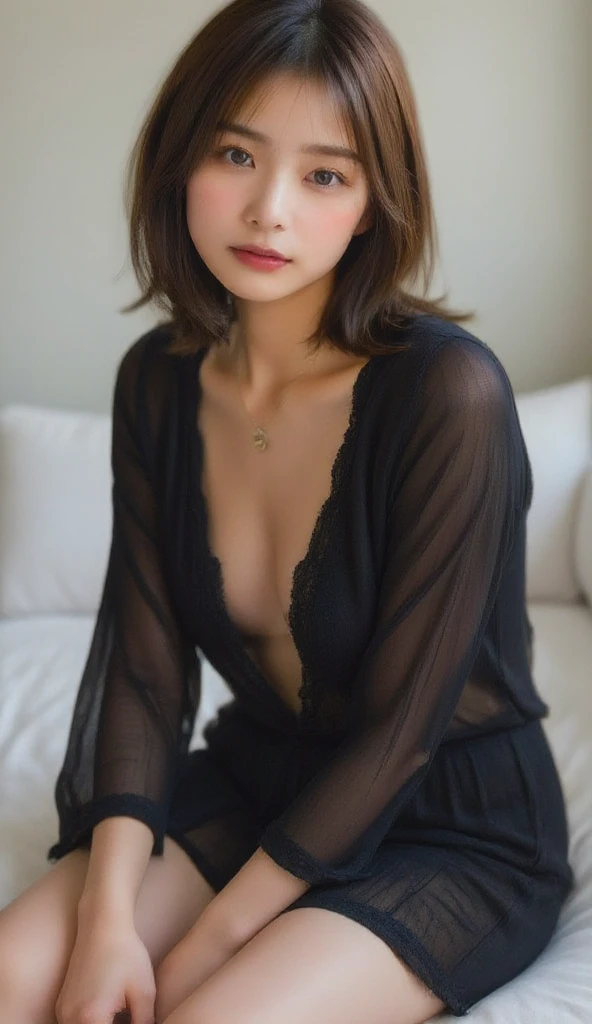 ((masterpiece)), ((Highest quality)), ((Complex)), ((Surreal)), (Realistic), (Mature Woman), ((There are no classes)), Very detailed, (1 female), Beautiful and exquisite, (Beautiful Teeth), Grin, Brunette Bob Hair, Brown eyes, ((blouse)), (Upper Body), (background:none), Perfect Eyes, Captivating eyes, Looking at the audience
