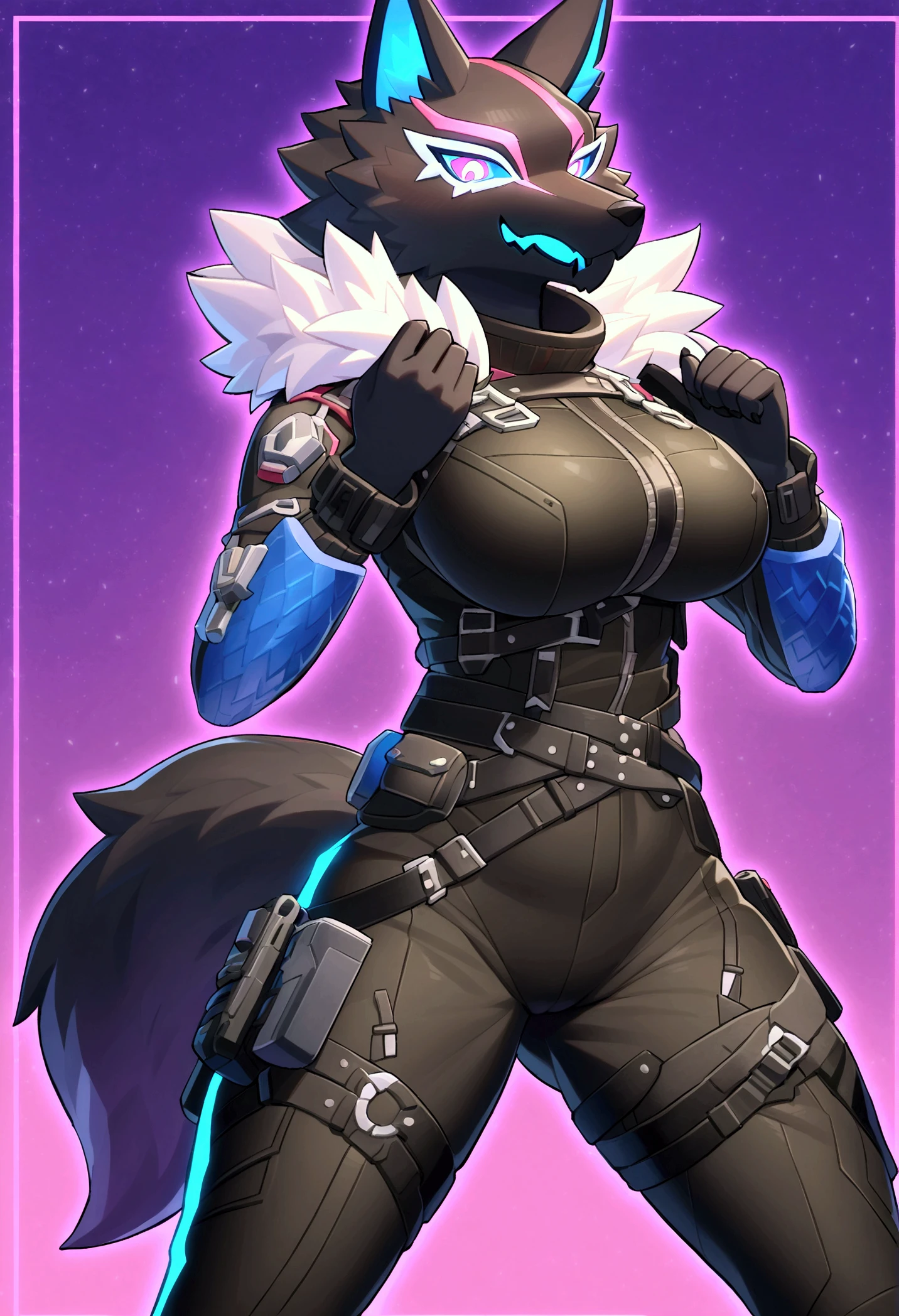 top quality, best quality, by estper, High-quality illustrations, masterpiece), (kemono, furry anthro), very beautiful and detailed body face and eyes, round, 1 female, wolf, Pack Leader Highwire, (Fortnite), slightly chubby, mature face, dark furs, fluffy, tail, big breasts, perfect eyes, pink eyes, beautiful kabuki swimsuit, body movement, body twitching, red blushing, clumsy,