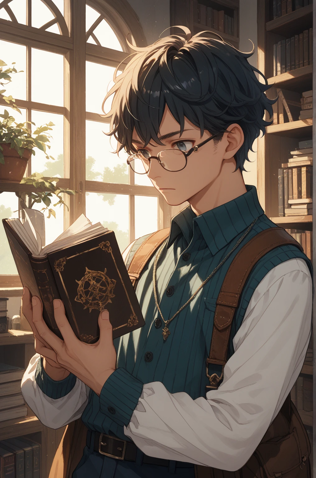 Anime boy with glasses and curly hair carrying a book