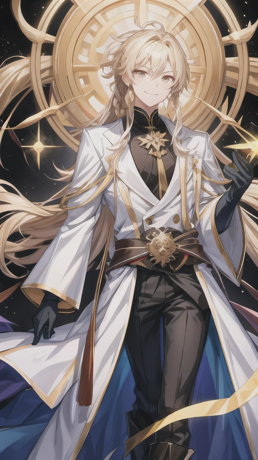 A young man with long hair， Wearing a white lab suit and white clothes， Sharp eyes，Sparkling Golden Eyes， In a dark castle background ，Stand casually，带着危险Smile，Weird look ， Ancient ruins ，Smile， bright eyes， Dark cold background ，Malicious，Disdain， Dark world background ，，  light blond hair，Low Ponytail， messy hair ， Long hair growing to the waist ， Hair in a braid behind ，Handsome， black boots，dark smile， dark background ，危险Smile，Black gloves