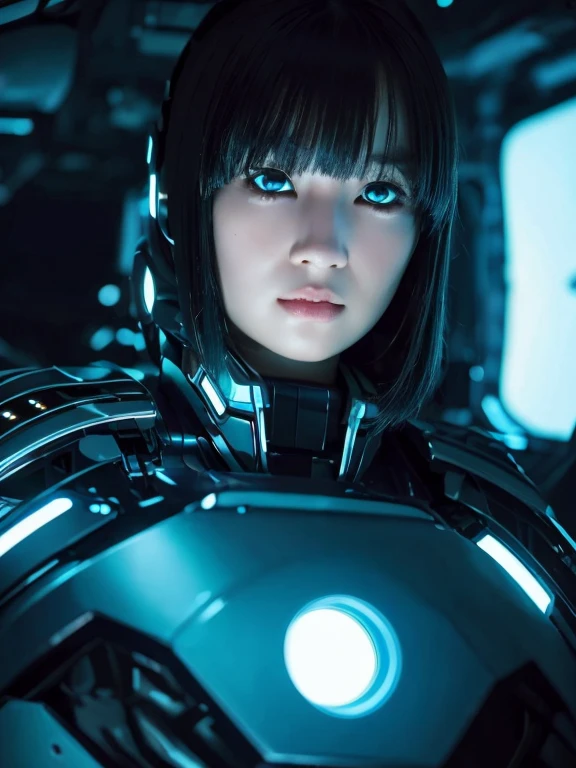 Wide-angle shot, 1 female, Mecha, Glowing black eyes, Very cute face, (Realistic:1.37), バイオMechaニカル, Spaceship interior bokeh background, Ultra-realistic, Very detailed, Very intricate details, Beautiful woman in focus、