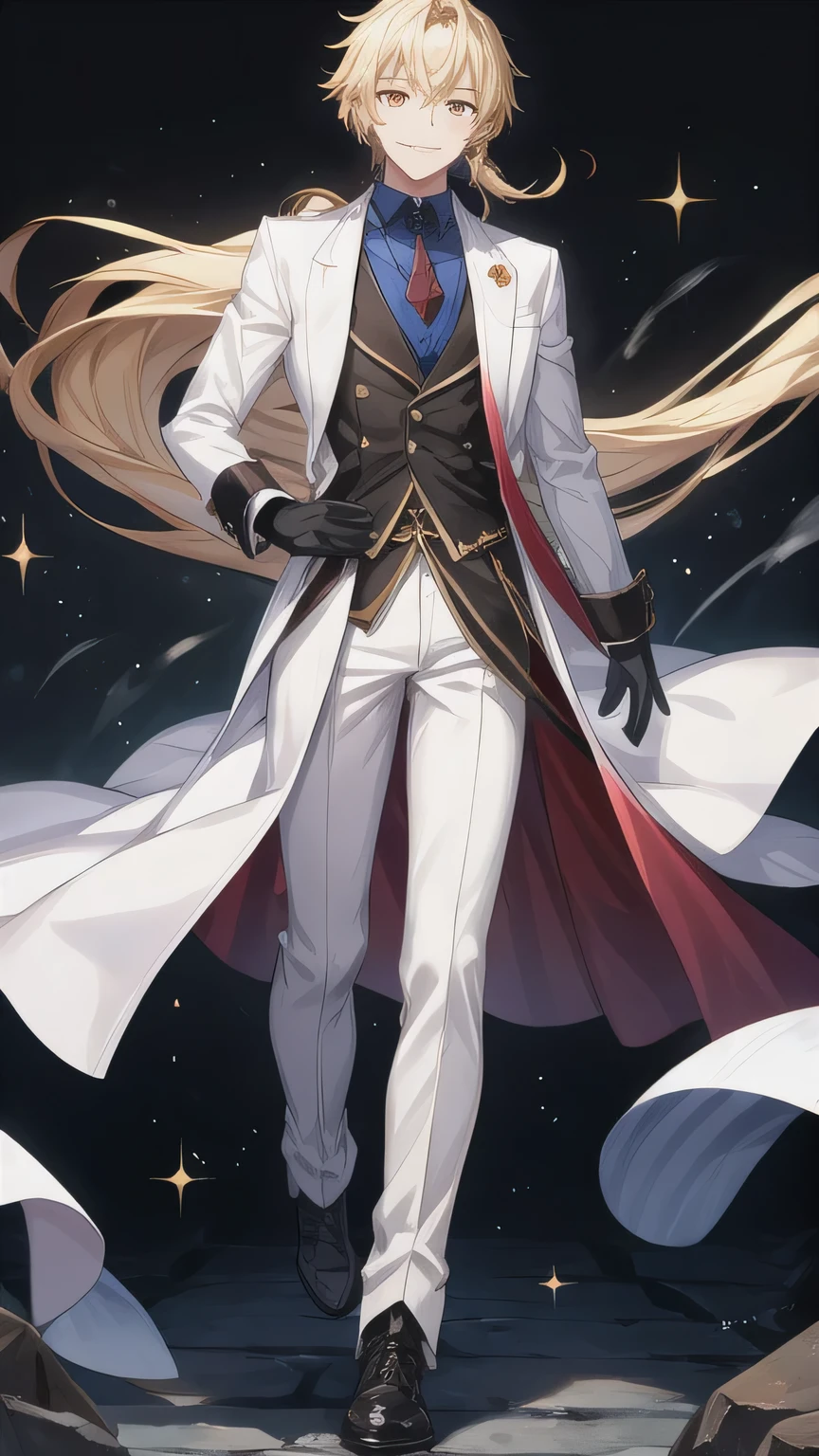 A young man with long hair, Wearing a white lab suit and white clothes, Sharp eyes,Sparkling Golden Eyes, In a dark castle background ,Stand casually,带着Dangerous Smile ,Weird look , Ancient ruins ,Smile, bright eyes, Dark cold background ,Malicious,Disdain, Dark world background ,, light blond hair,Low Ponytail, messy hair , Long hair growing to the waist , Hair in a braid behind ,Handsome, black boots,dark smile, dark background ,Dangerous Smile ,Black gloves,golden eyes