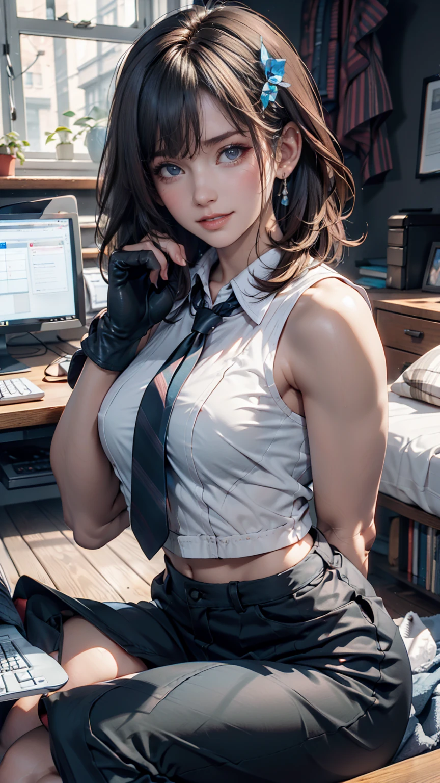 masterpiece, Highest quality, Twitch-chan, Hair Clip, hair ornaments, Collared shirt, No sleeve, tie, gloves, sitting behind a desk, View your viewers, smile, wave hands, bedroom, bed, computer mouse, keyboard 、24-year-old woman、 proportionature female body、Sexyportionakeup、Textured skin((textured skin))、smile、Narrow waist