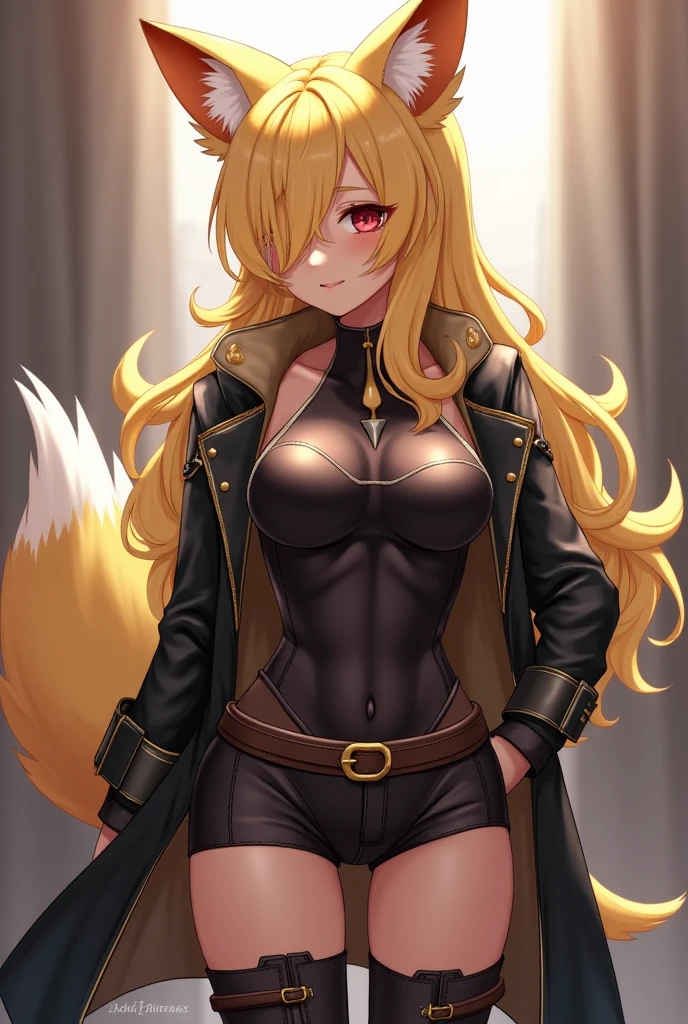 leather jacket, leather pants, strapless bra, black jacket, tight pants, black choker, zipper, fingerless gloves, biker clothes, spikes, unzipped, multiple belts, shiny clothes, high collar, CONCEPT_graffiti_wall_ownwaifu, (graffiti:1.2), brick wall,<lora:CONCEPT_graffiti_wall_ownwaifu-15:1> ((masterpiece,best quality)), absurdres, <lora:Yakumo_Ran_Touhou:0.8>, Yakumo_Ran_Touhou, 1girl, solo, blonde, blonde hair, short hair, yellow eyes, fox, fox tail, solo, smiling, looking at viewer, cowboy shot,