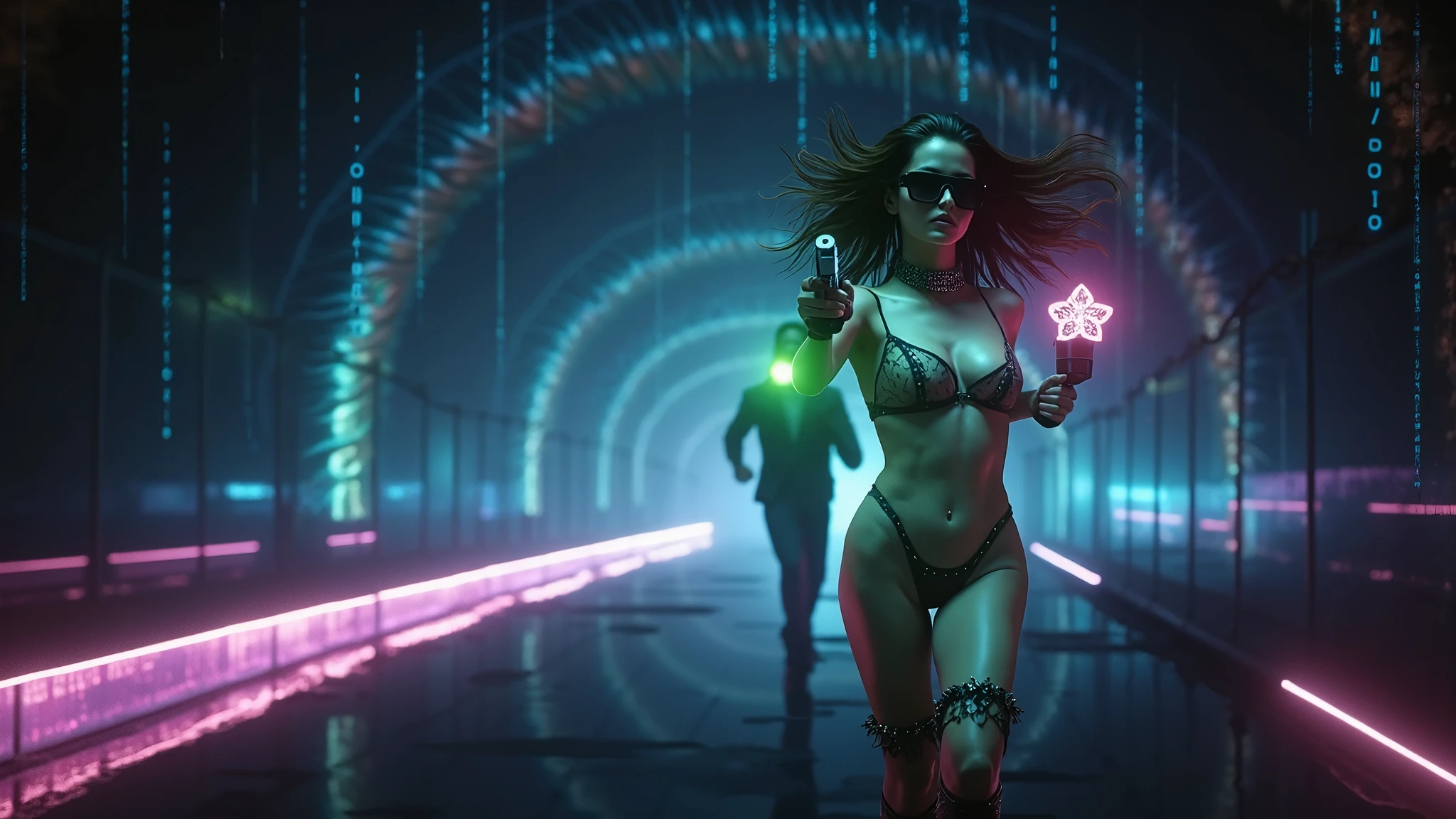Aerial view, (flying vehicle), sci-fi outdoor maze as background. Matrix style, at night, dark sky. (1girl, solo), photo realistic, large-breast:1.2 slim:0.9 body, cleavage:1.2, tube top, miniskirt, (matrix style black sunglasses), (holding a mini:1.1 stun gun), half-body thigh level medium shot, cinematic lighting, ray tracing.