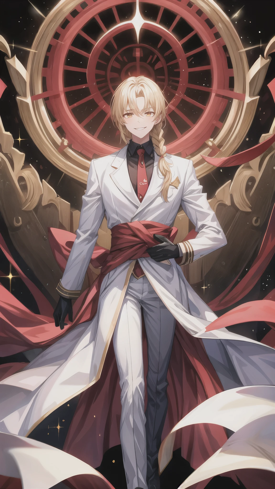 A young man with long hair, Wearing a white lab suit and white clothes, Sharp eyes,Sparkling Golden Eyes, In a dark castle background ,Stand casually,带着危险Smile,Weird look , Ancient ruins ,Smile, bright eyes, Dark cold background ,Malicious,Disdain, Dark world background ,, light blond hair,Low Ponytail, messy hair , Long hair growing to the waist , Hair in a braid behind ,Handsome, black boots,dark smile,dark red background ,危险Smile
