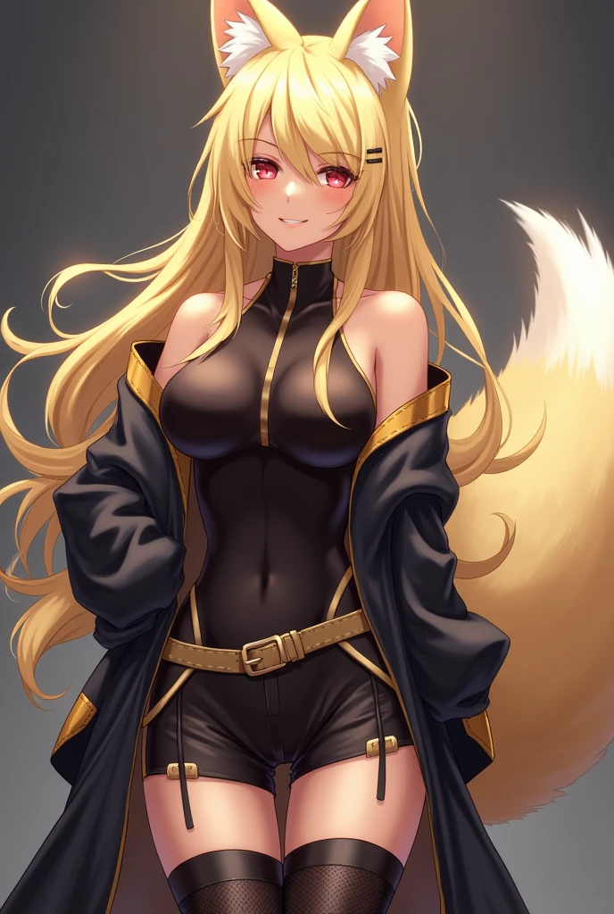 An anthro furry fox girl, yellow fox, tall, slender, thick thighs, about, black nose, fox tail,     BREAK      (((zero suit:1), (zssamus:1), ((blue eyes)), (blue sci-fi suit:1), blonde hair, ponytail, bangs hair, (masterpiece:1.2), in a futuristic bedroom, (highly detailed:1.2),(detailed face:1.2))), by fumiko, by hyattlen, her hands on her hips