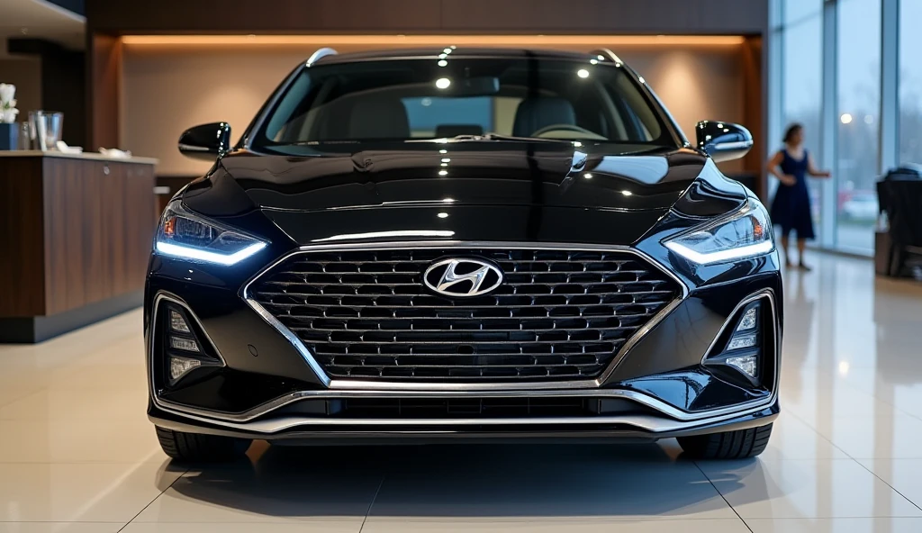 New 2025  Hyundai sonata N line Exterior front review open vehicle light 100% real and clear images first look show in furnished showroom the vehicle  Black colour high quality and high resolution and name logo show on 