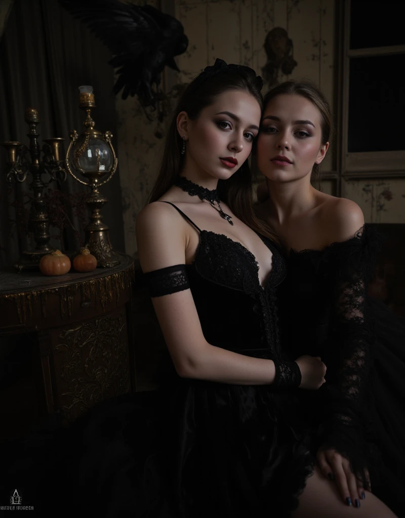 Albanian, girl, long brown hair, blue eyes, with blonde best friend, with blonde bestie, Goth vampire, Blonde protagonist, Medium-sized breasts, Vampire bite, Brunette victim, Neck biting, Dark atmosphere, Gothic setting, Supernatural encounter, Sensual tension