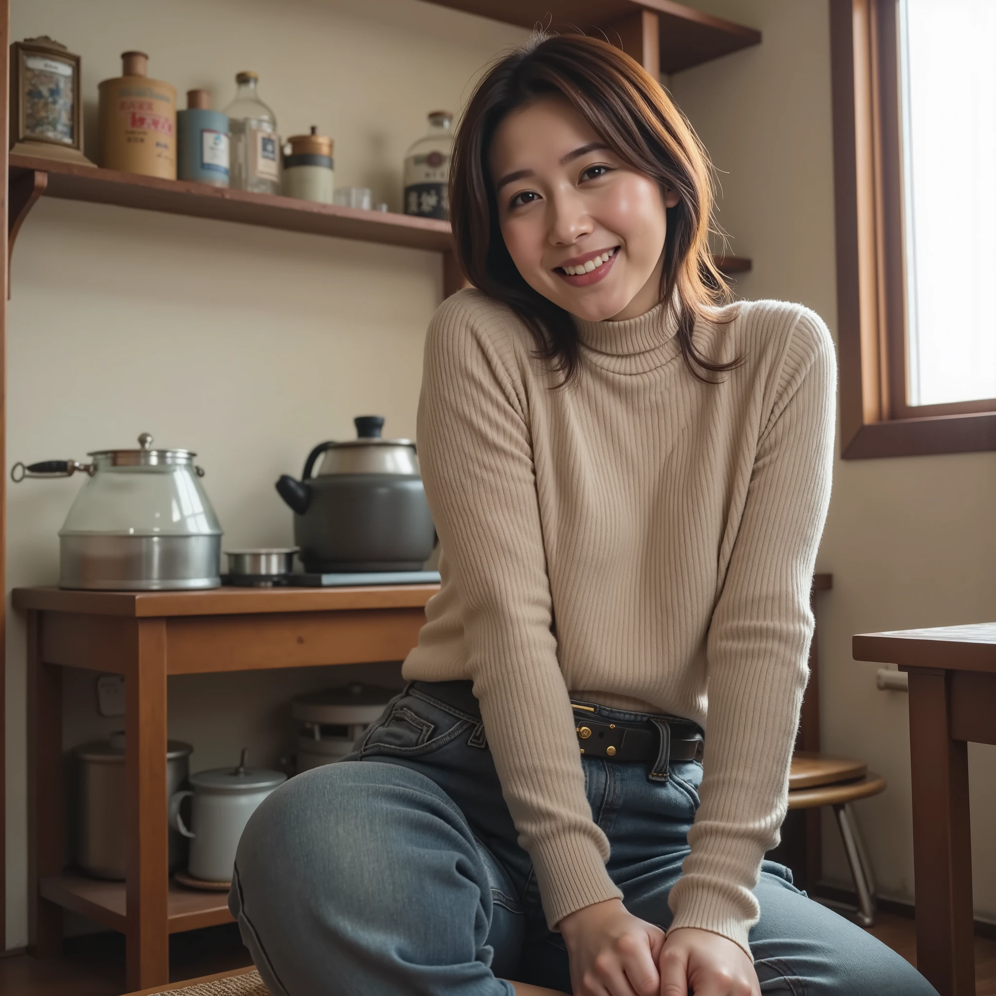 『 1 Japanese girl:1.3』『 real photos:1.3』 best quality :1.2、(( big breasts))、 and see a little bit of cleavage 、(( young woman))、(( have red cheeks ))『 smiling with her teeth :1.9』、((( anatomically correct、 Perfect Anatomy、 anatomically correct指)))、 realistic,  best quality , 超 high resolution,  RAW photo, (Curvy body)、( best quality 、8k、 high resolution、 photorealistic)、Japanese-style apartment 、 no makeup at all、 hair is unkempt、 You can see a Showa kitchen with an iron plate attached to the wooden frame in the back、Overall it's a little dirty 、 sitting in front of the kitchen 、Low table、Japanese Showa Retro、Low tableの前に女の子座りをしている、 Asian woman wearing jeans 、（（ are wearing turtleneck sweaters））、poor