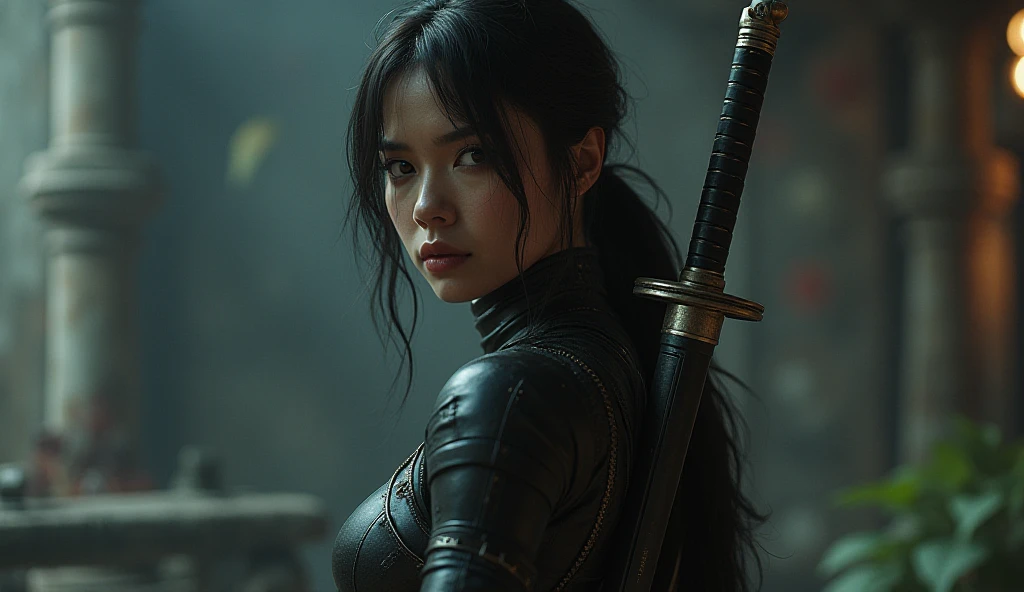 A black-haired girl wields the Heavy Thrusting Swords from within the Elden Ring in a reverse grip.