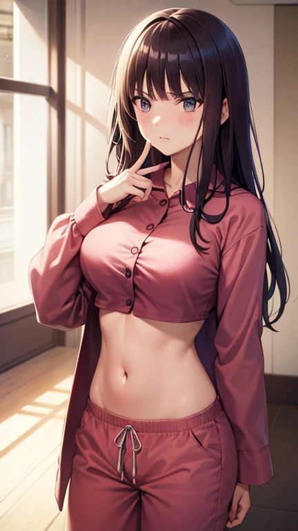 (extremely detailed CG unity 8k wallpaper), (((masterpiece))), (((best quality))), ((ultra-detailed)), (((illustration))), (best shadow), ((an extremely delicate and beautiful)), (detailed light), (well designed face), amazing face, (super detailed), cinematic shot, beautiful detailed eyes, detailed background, 1girl, long hair, very long hair, (((black hair))), first rate breasts, large breasts, ((yellow pupils)), glowing eyes, smirk, school uniform, (pink panties), crop top, ((navel piercing)), jacket, open jacket, interior design, classroom, spread navel, bewitching thighs, smile, one eye closed, hand on own chest,
