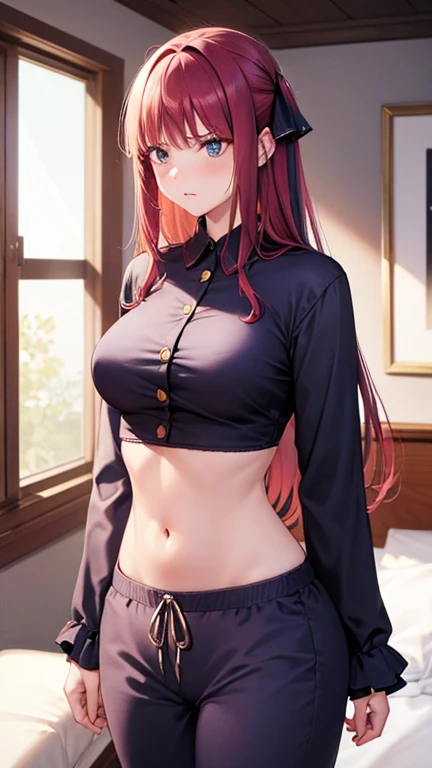 An anime girl with red hair and blue eyes wearing a skirt and an open shirt revealing a black and red bra