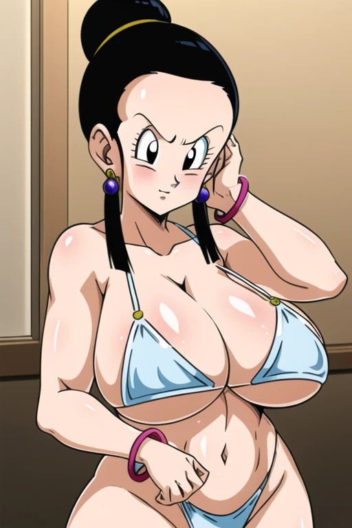 masterpiece,  caulifla, black hair, spiked hair,  black eyes, , , looking at viewer, ,  ,  , , , huge breasts , black bed  , massive round breasts ,  , black curtains , blushing , super round breasts , red blushing , small muscles , black room , massive round breasts  , teeth , curvey body , six pack , gripping breasts , sitting on bed , naked , , red blushing hard , , pink nipples , upper body , open mouth